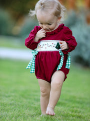 Christmas Embroidered Baby Girls Romper With Green Plaid Bow