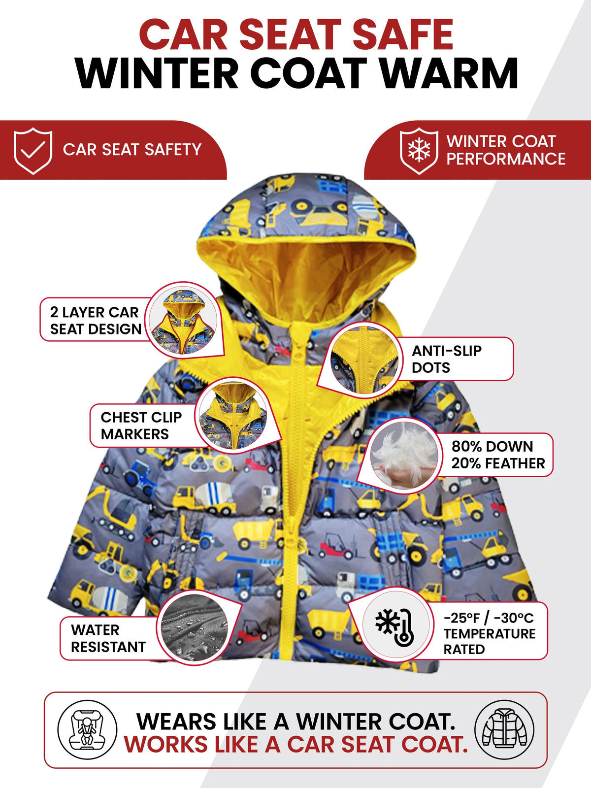 Car Seat Coat | The Road Coat Down - Construction Print