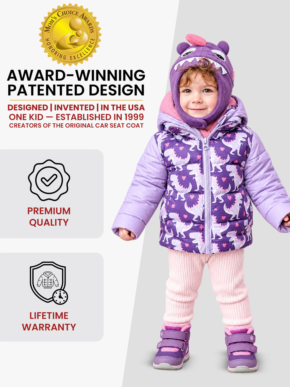Car Seat Coat | The Road Coat Down - Purple Raptor Print
