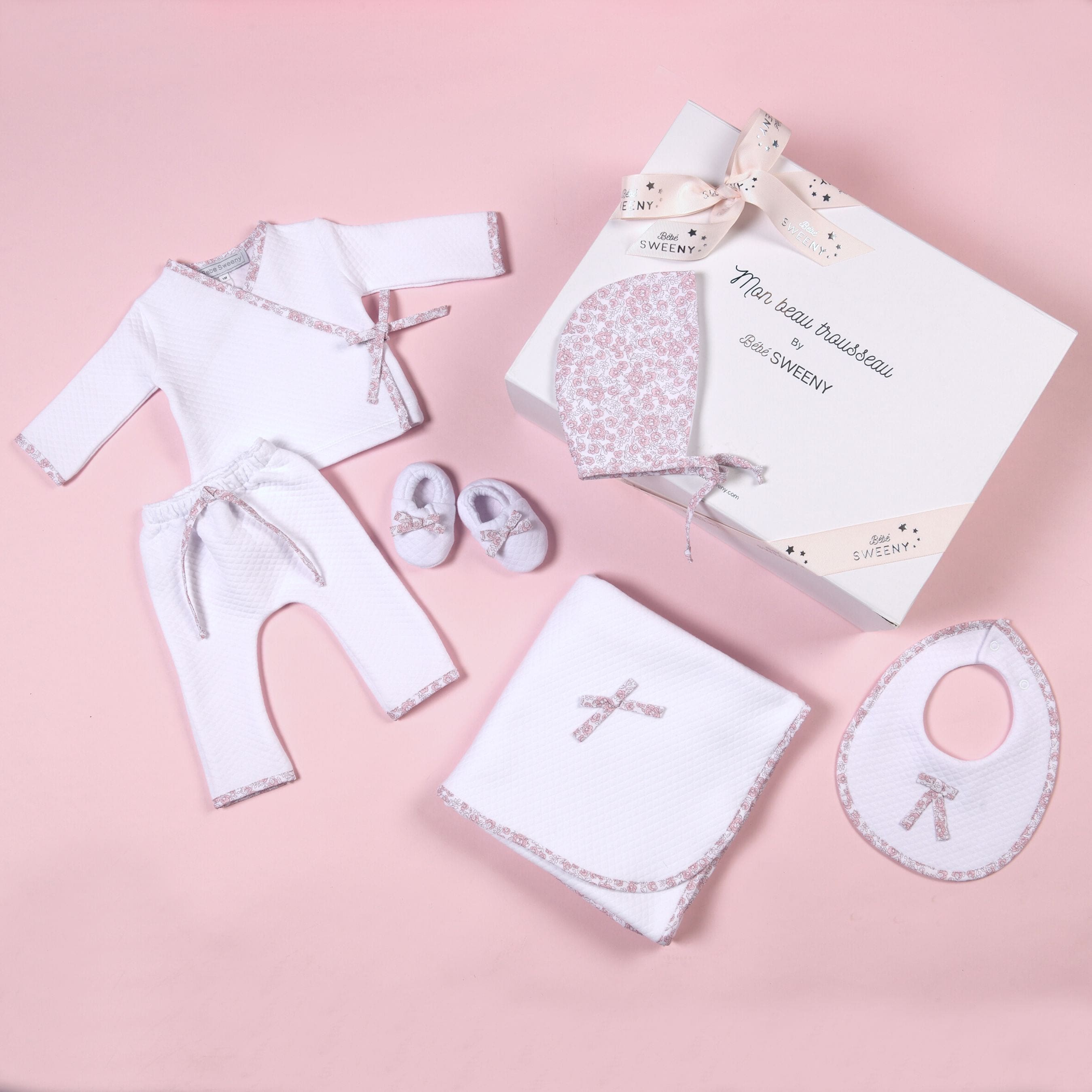 Rose Sweet | Girls White Floral Quilted Cotton Trousers Set