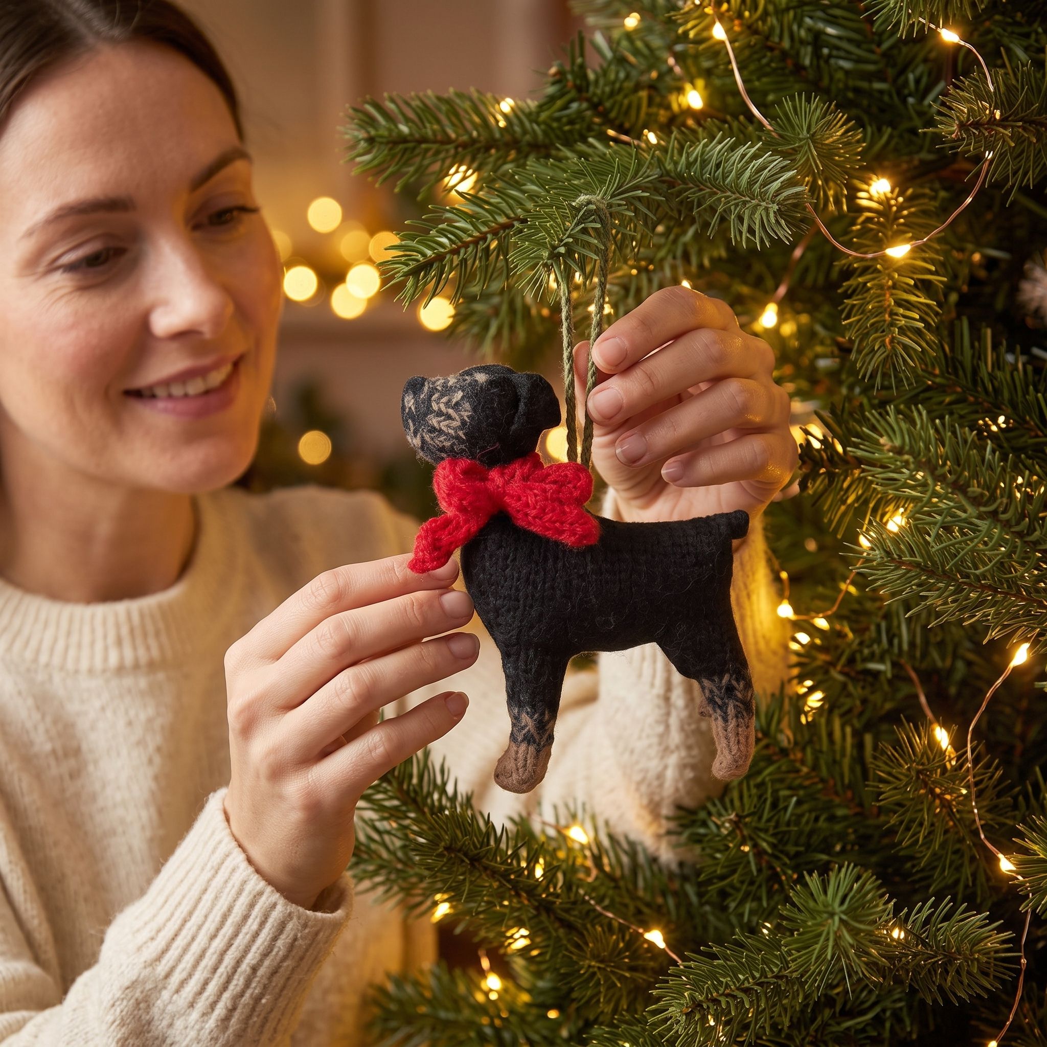 Hand Knit Alpaca Wool Christmas Ornament - Rottweiler Dog