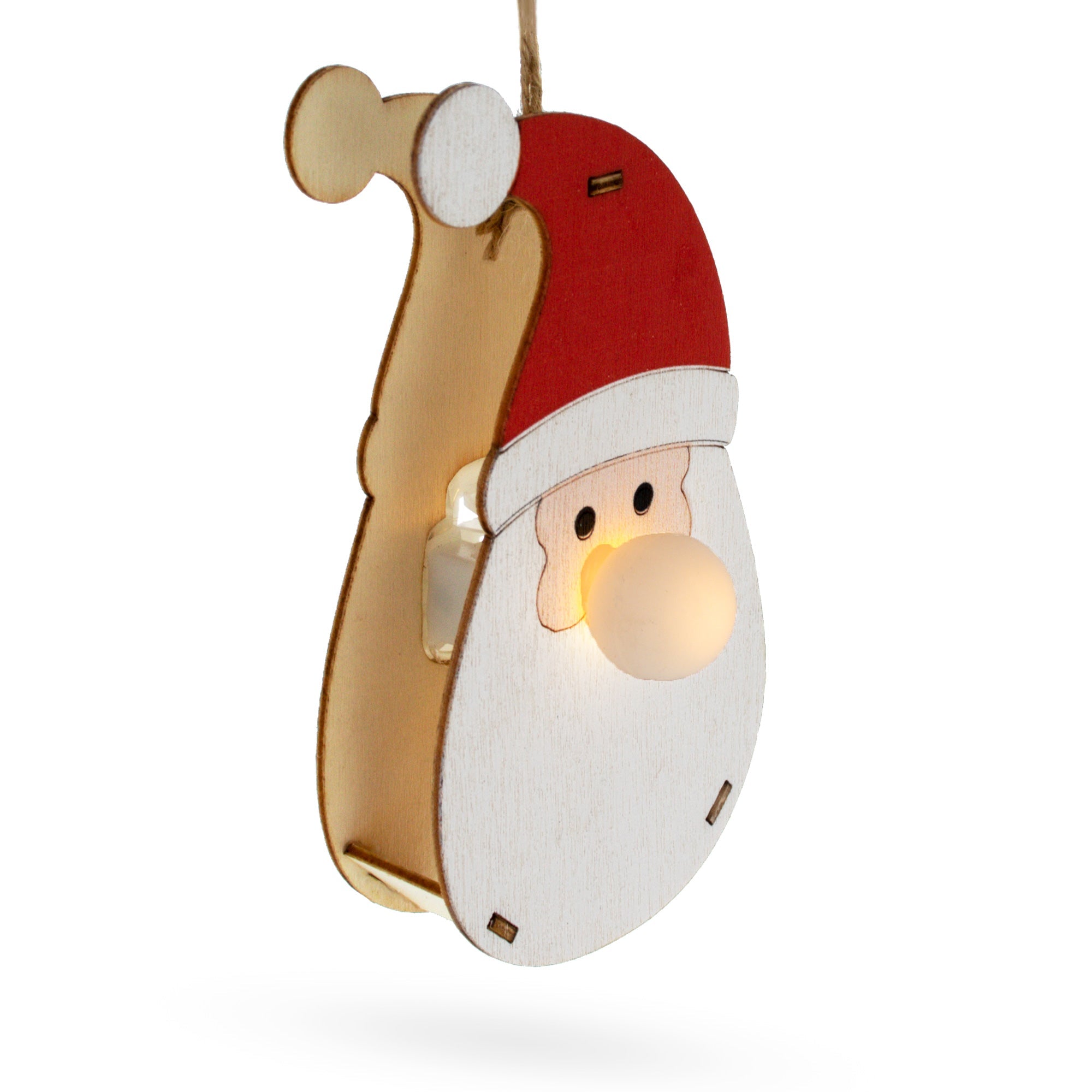 Wooden Santa Christmas Ornament With Light Up Nose Cutout