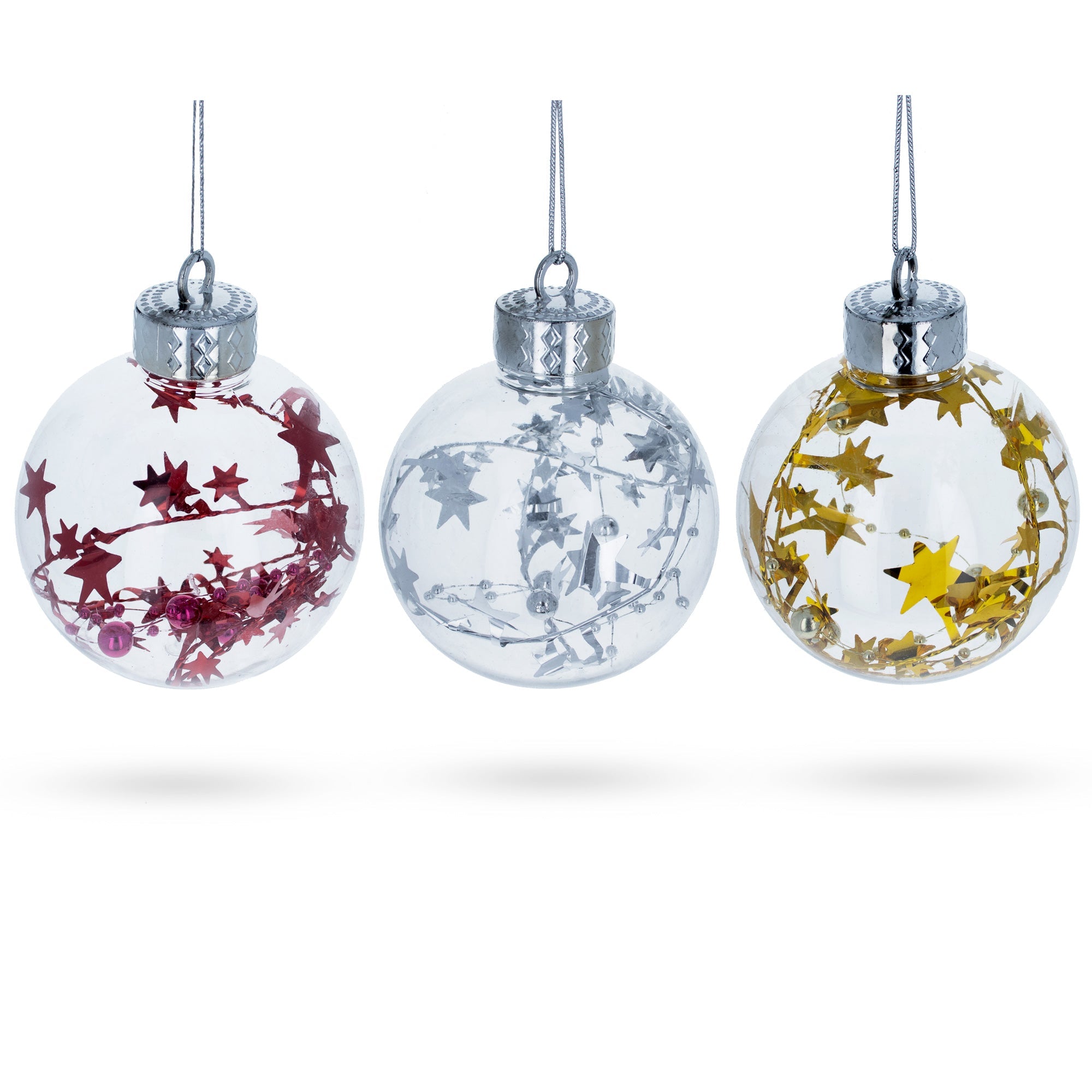 Set Of 3 Colorful Stars Clear Plastic Christmas Ornaments 4 Inches