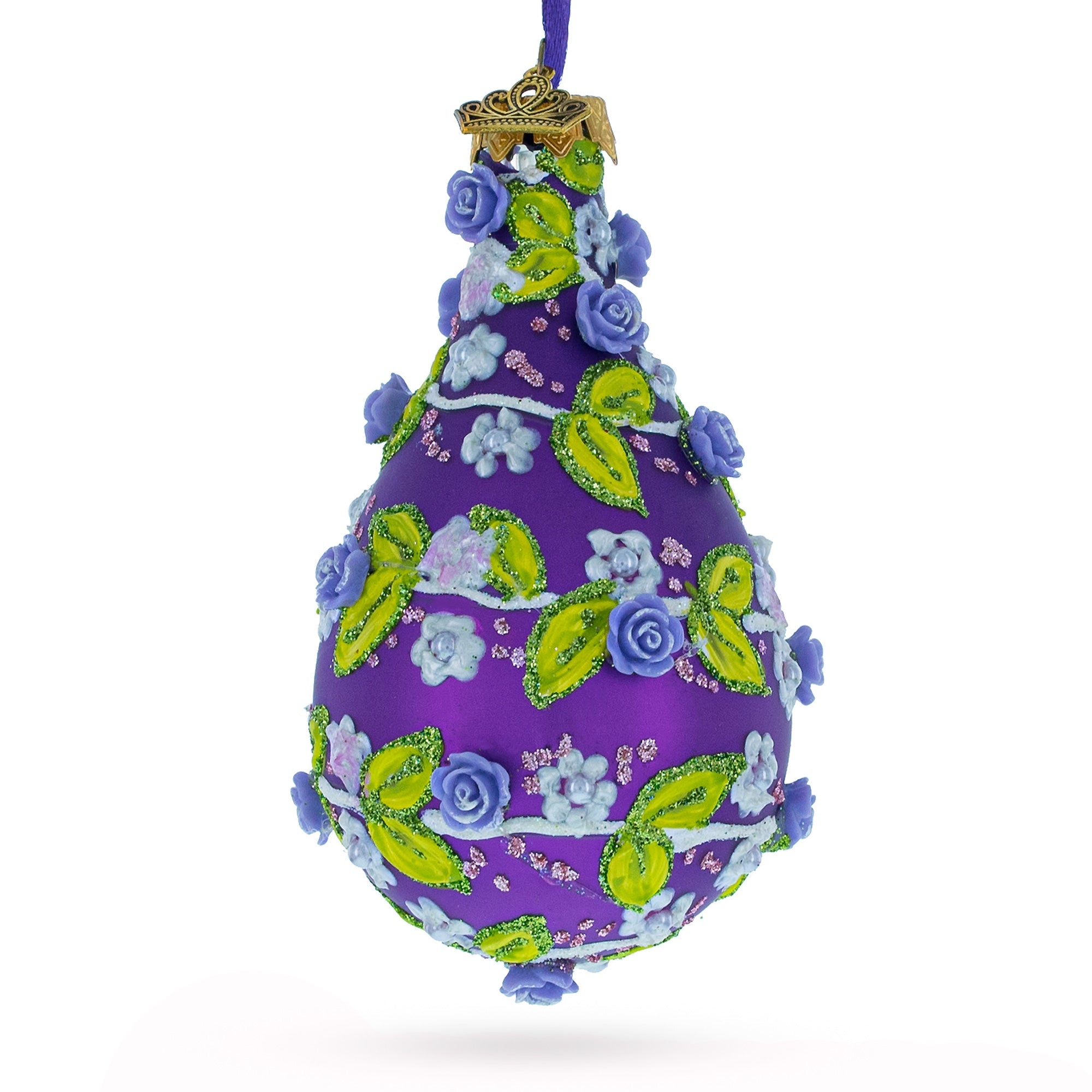 Embossed Roses On Purple Waterdrop Finial Glass Christmas Ornament