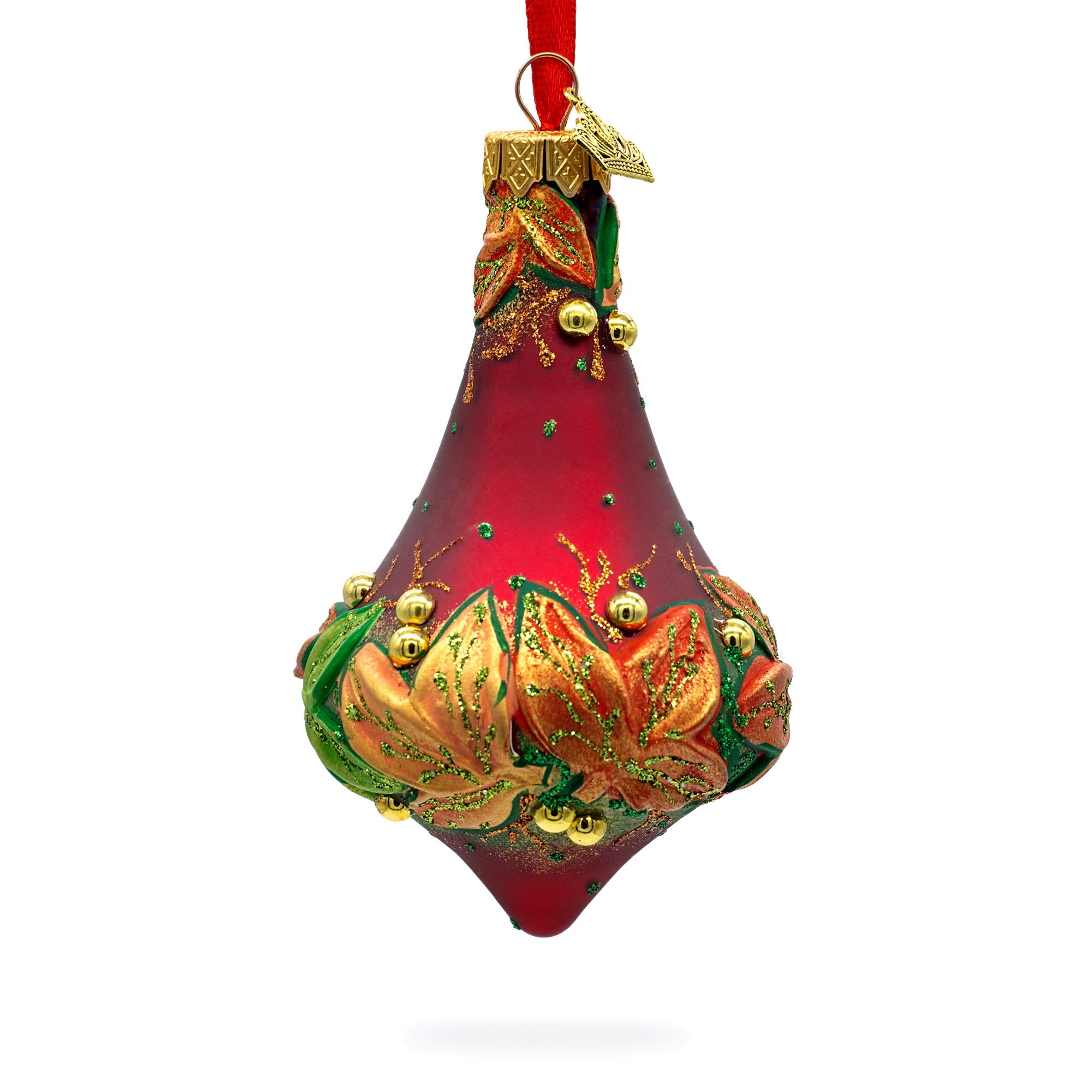 Leaves On Red Glass Bell Finial Christmas Ornament