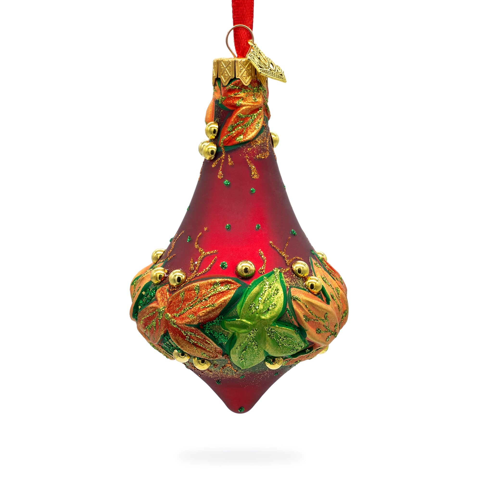 Leaves On Red Glass Bell Finial Christmas Ornament