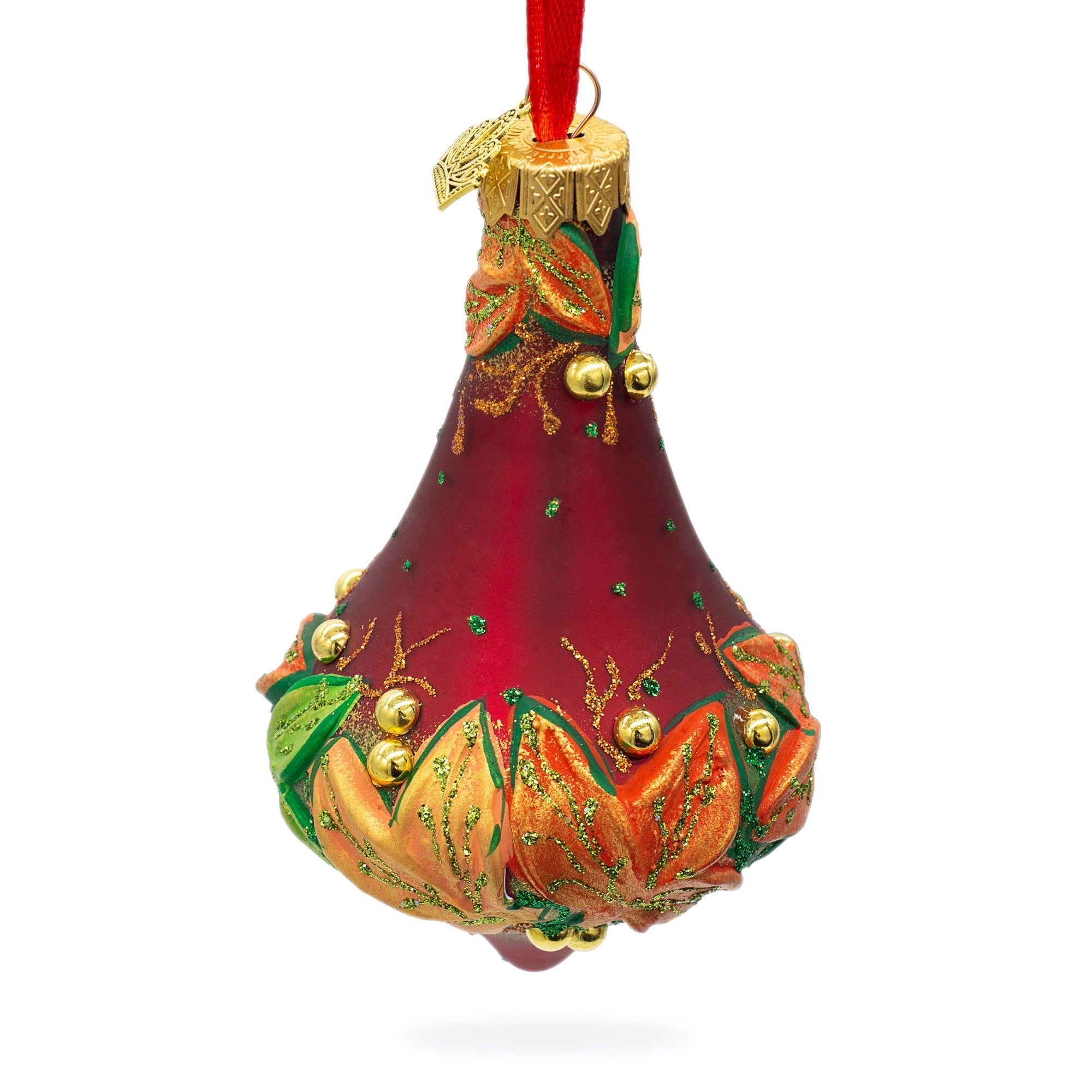 Leaves On Red Glass Bell Finial Christmas Ornament