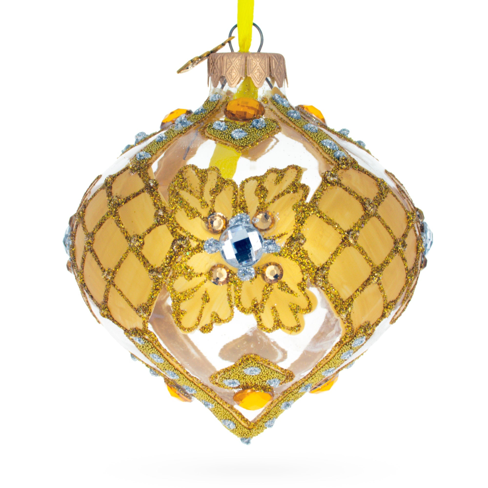 Jeweled Golden Leaves On Clear Glass Onion Finial Christmas Ornament