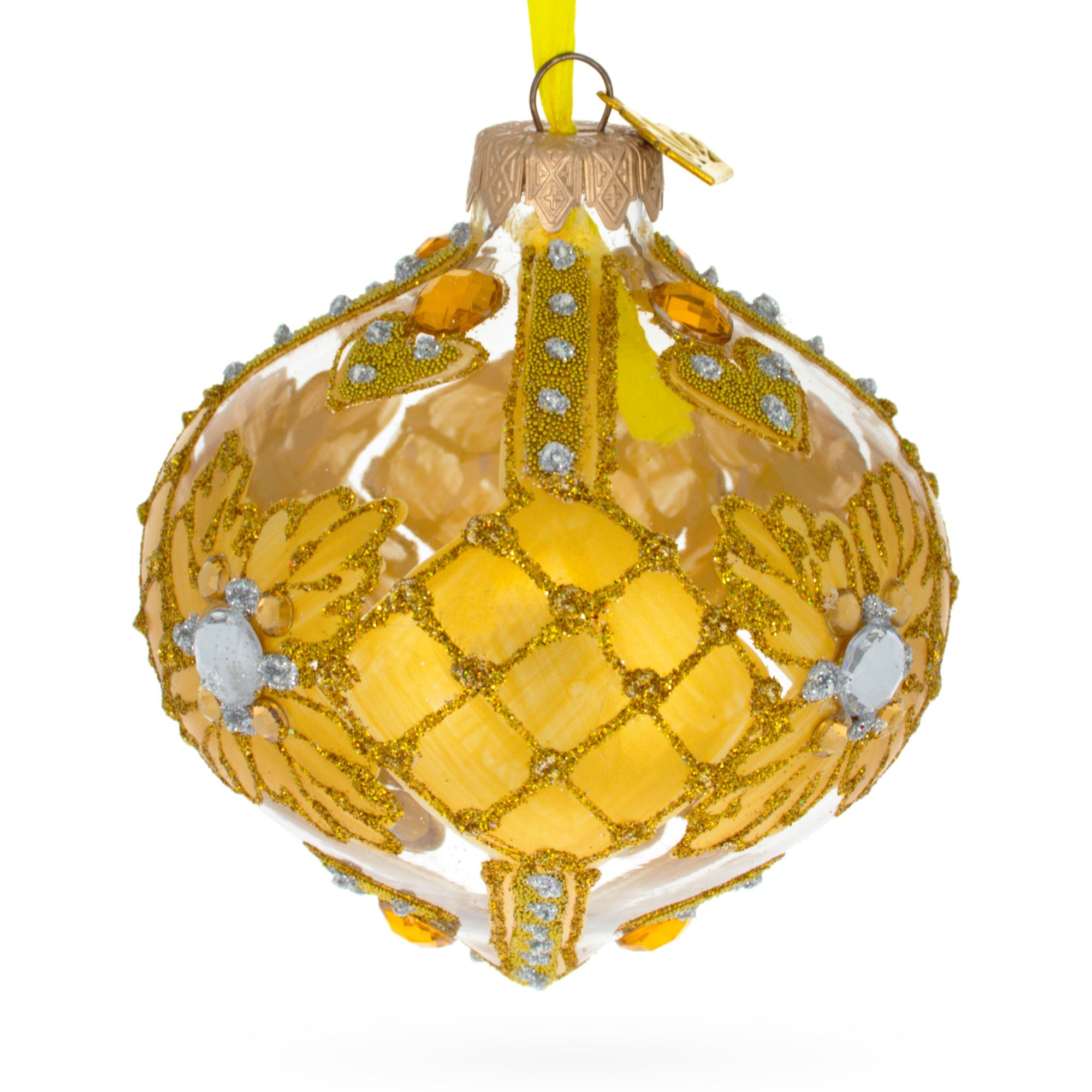 Jeweled Golden Leaves On Clear Glass Onion Finial Christmas Ornament