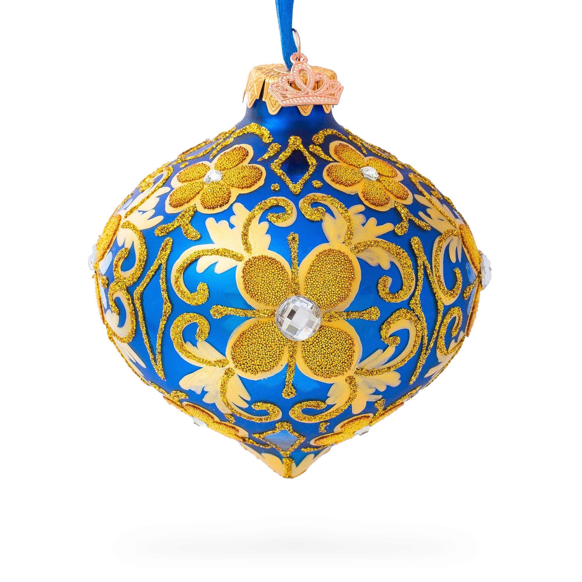 Jeweled Golden Leaves On Blue Glass Onion Finial Christmas Ornament