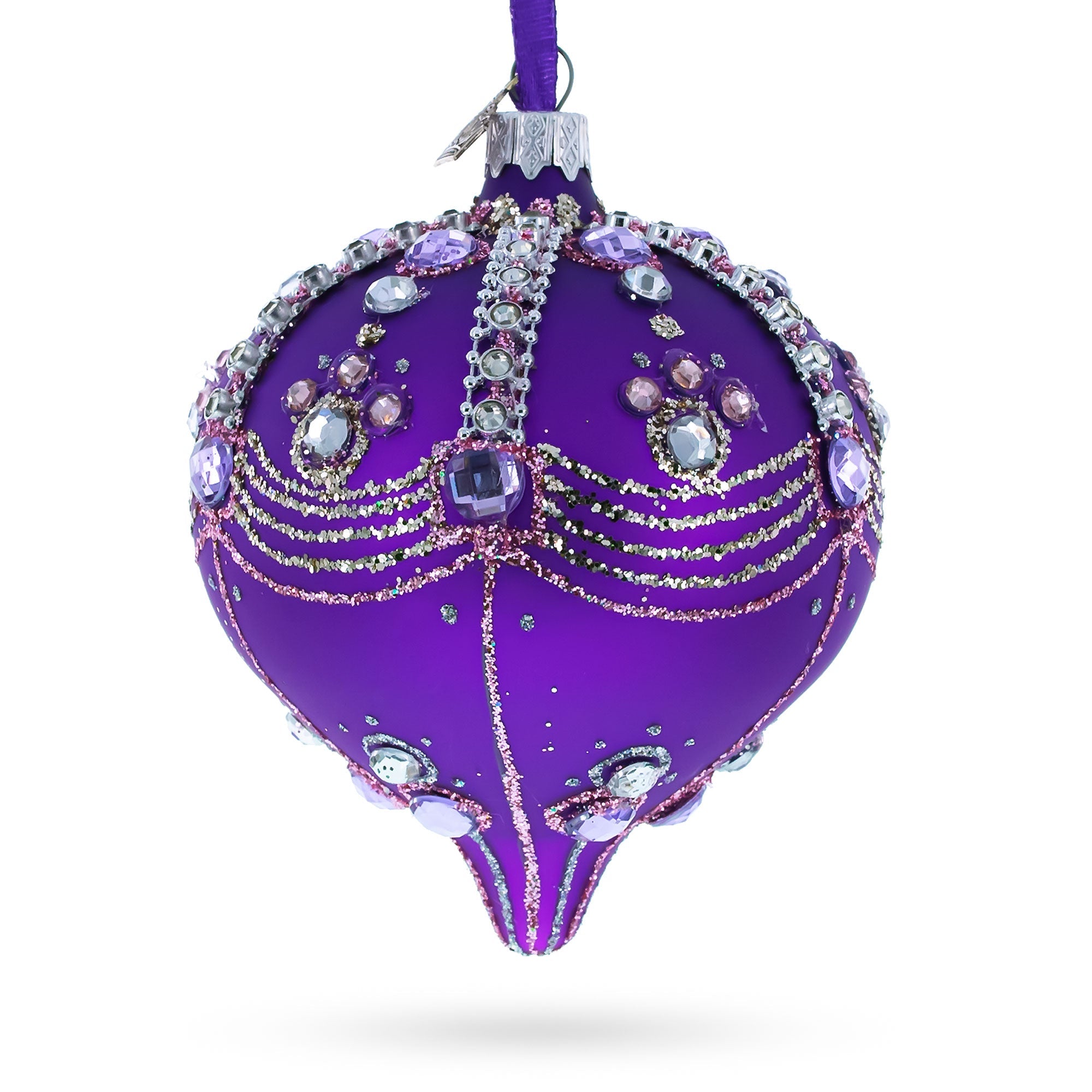 Sparkly Diamonds On Purple Glass Onion Finial Christmas Ornament