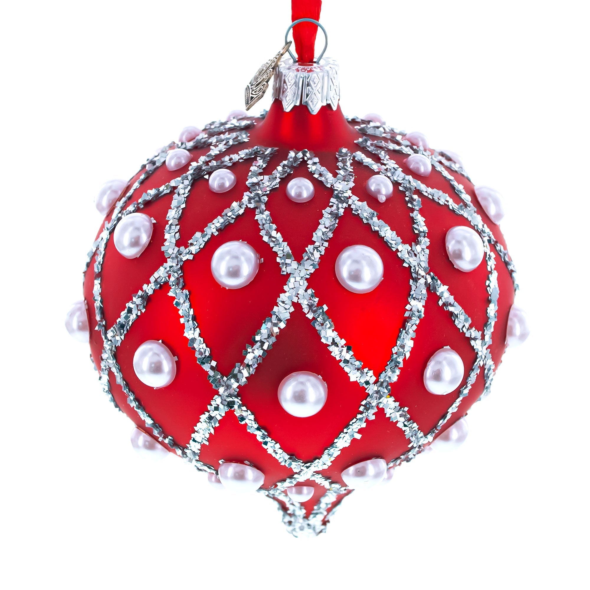 Pearls On Red Icat Glass Onion Finial Christmas Ornament