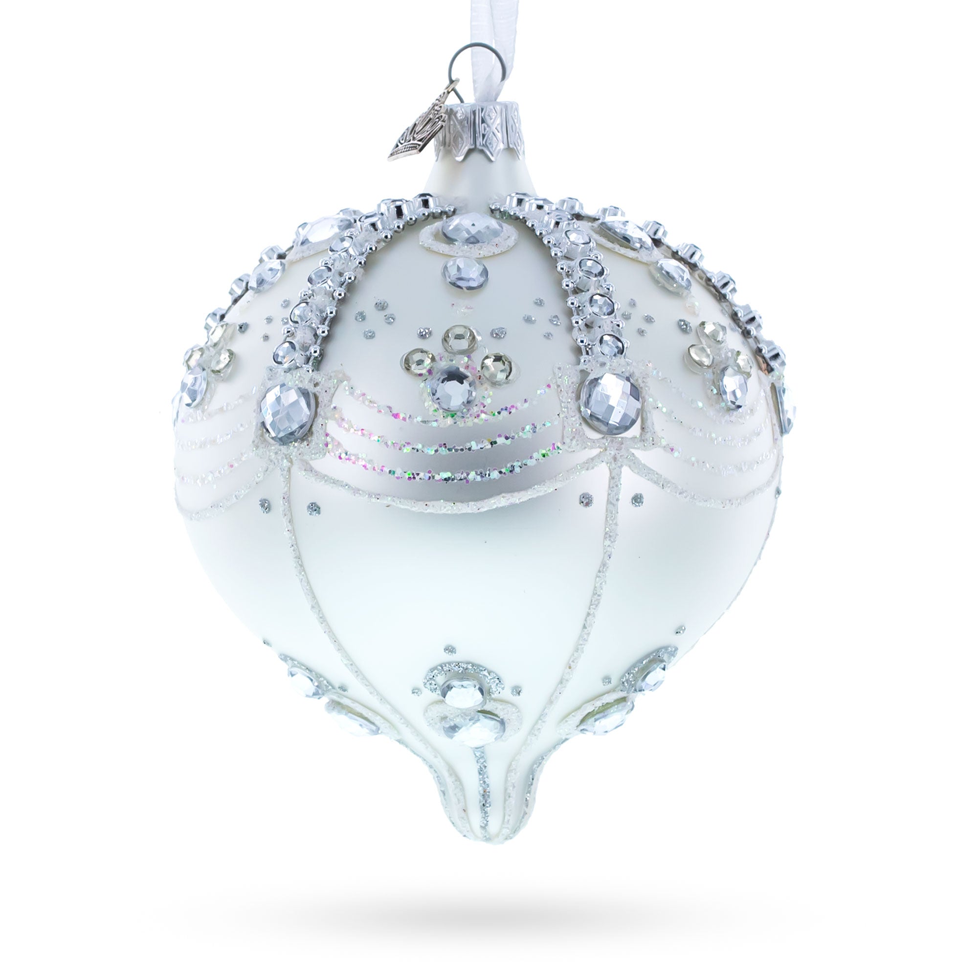 White Jewels On Silver Onion Shape Glass Ornament