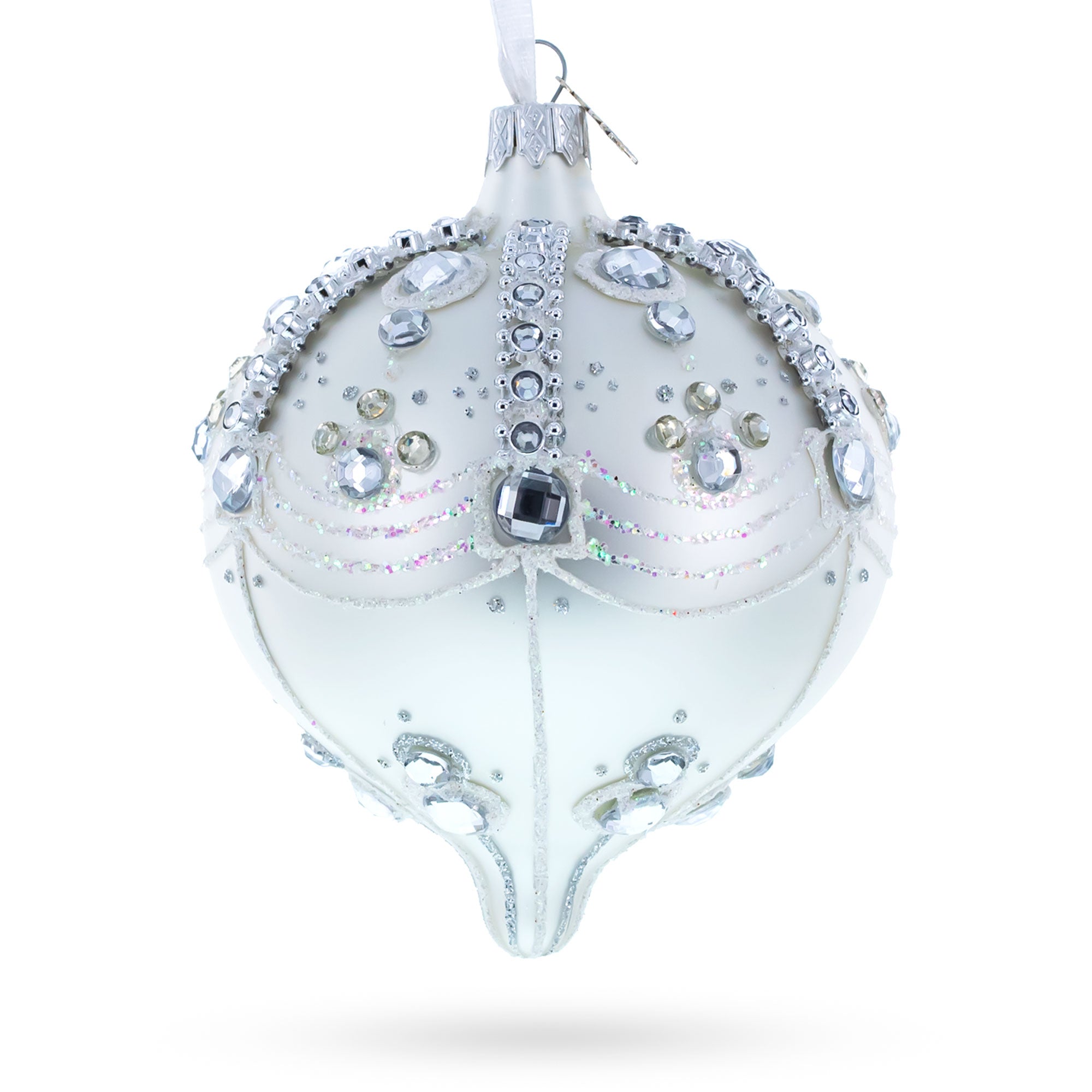 White Jewels On Silver Onion Shape Glass Ornament