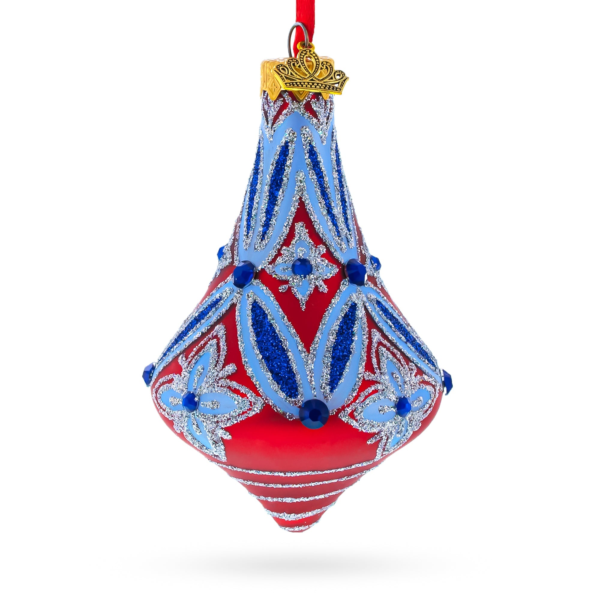 Blue Geometrical Pattern Glass Bell Finial Christmas Ornament