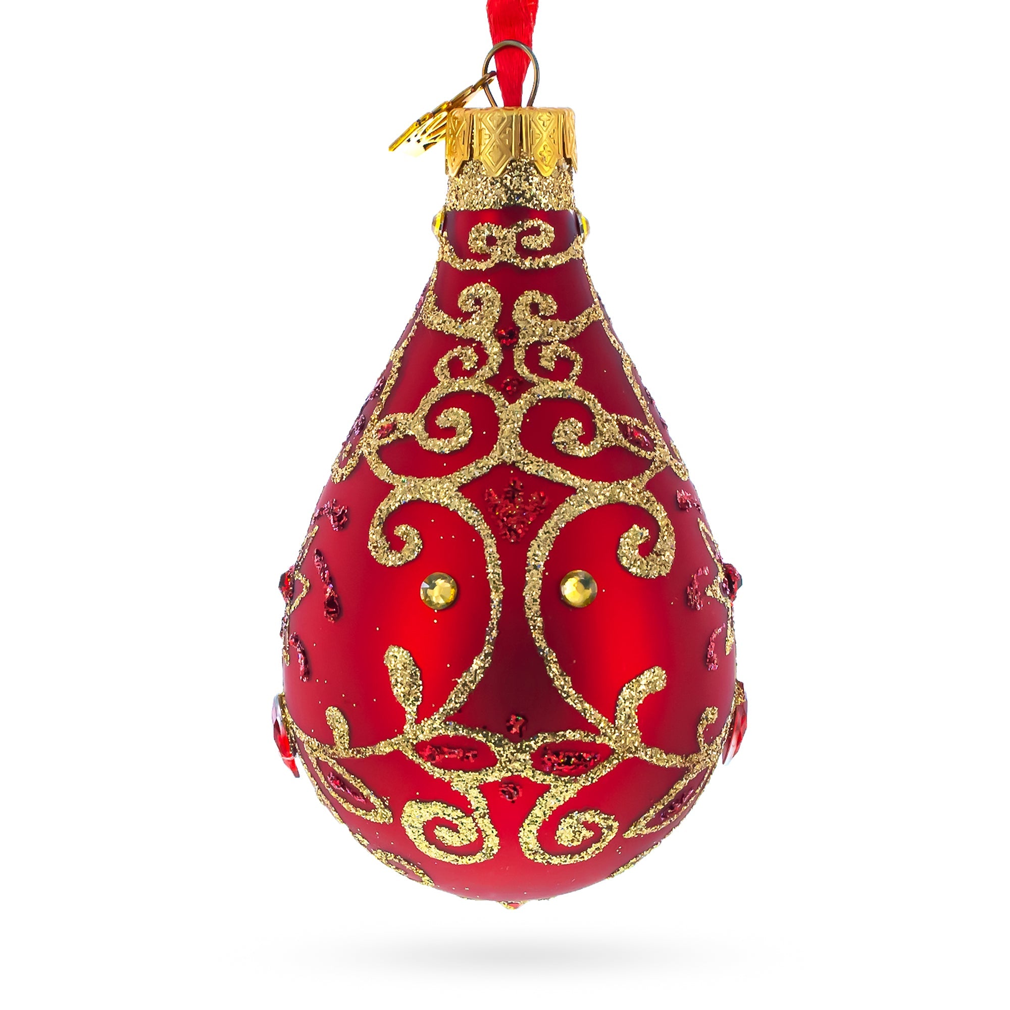 Golden Flowers On Red Glass Waterdrop Finial Christmas Ornament