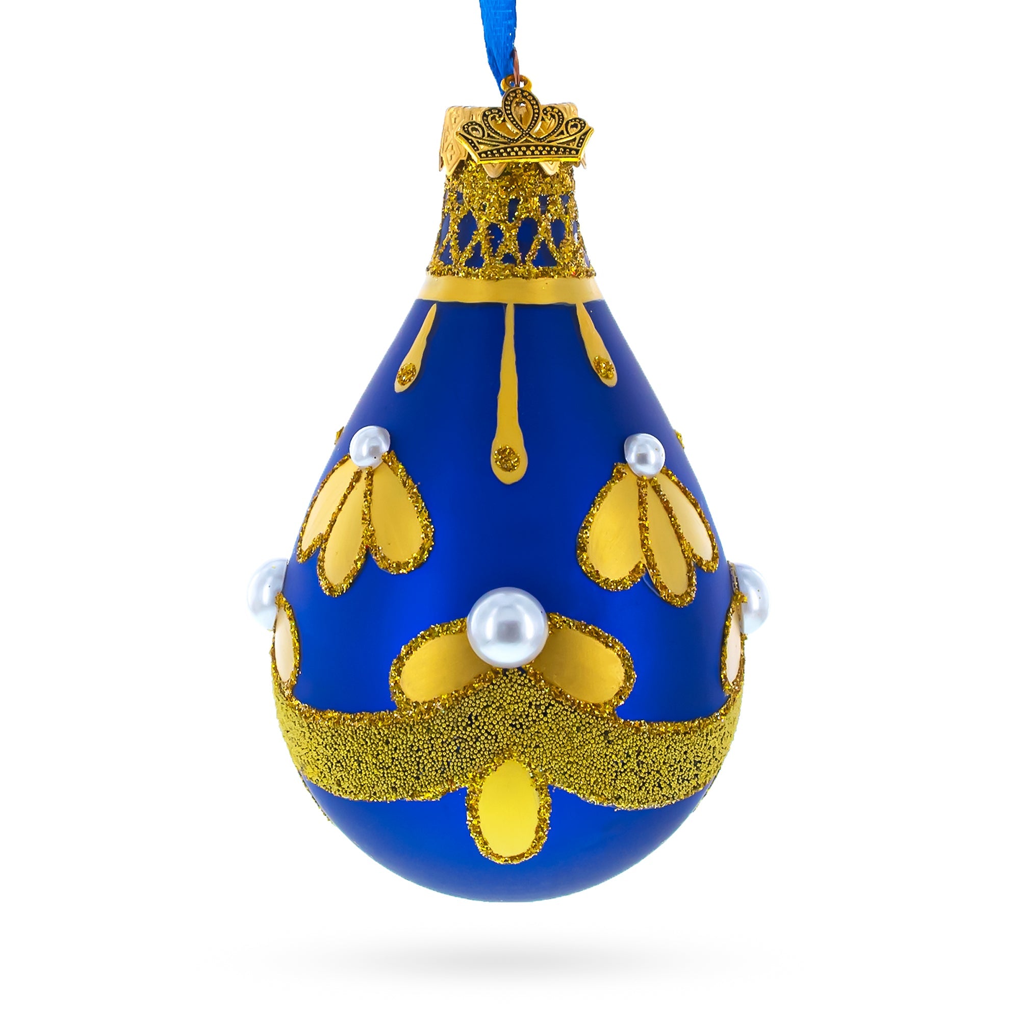 Gold Pattern On Blue Waterdrop Finial Glass Christmas Ornament