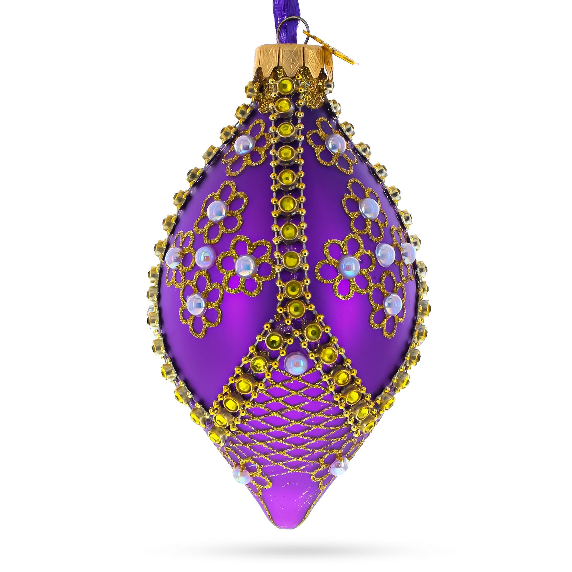 Golden Pearl Flowers On Purple Glass Rhombus Ornament