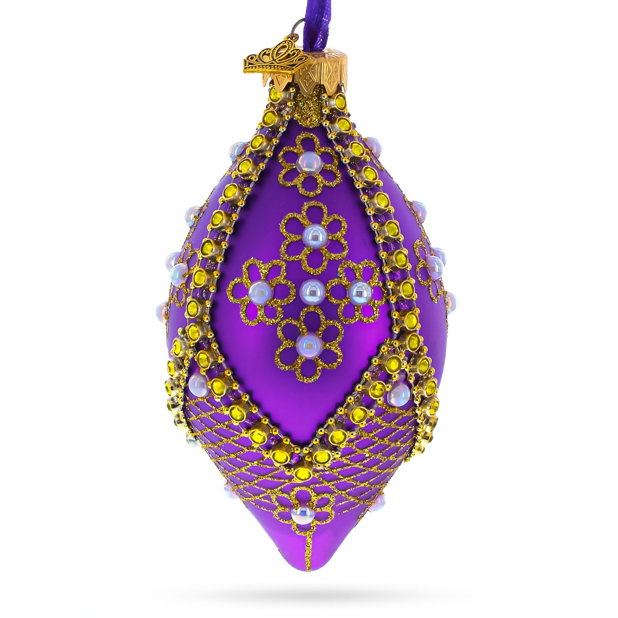 Golden Pearl Flowers On Purple Glass Rhombus Ornament