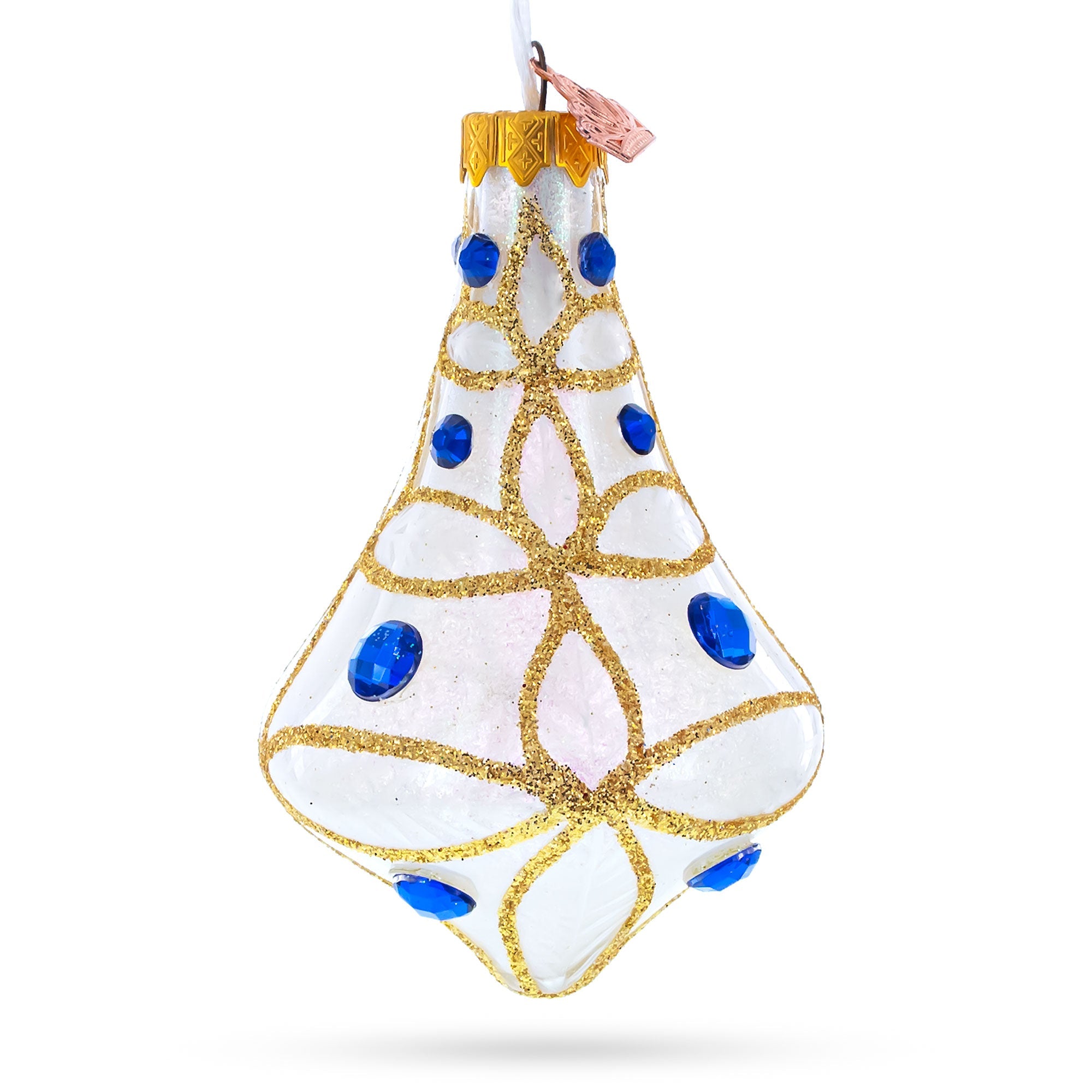 Blue Jewels On Clear Glass Bell Finial Christmas Ornament