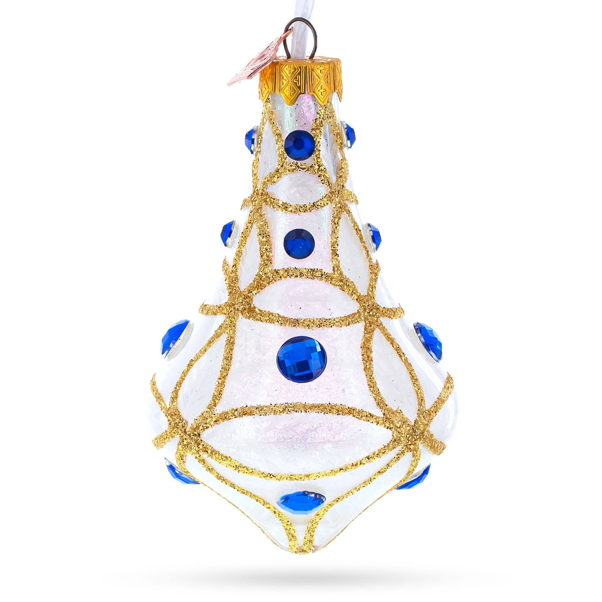 Blue Jewels On Clear Glass Bell Finial Christmas Ornament