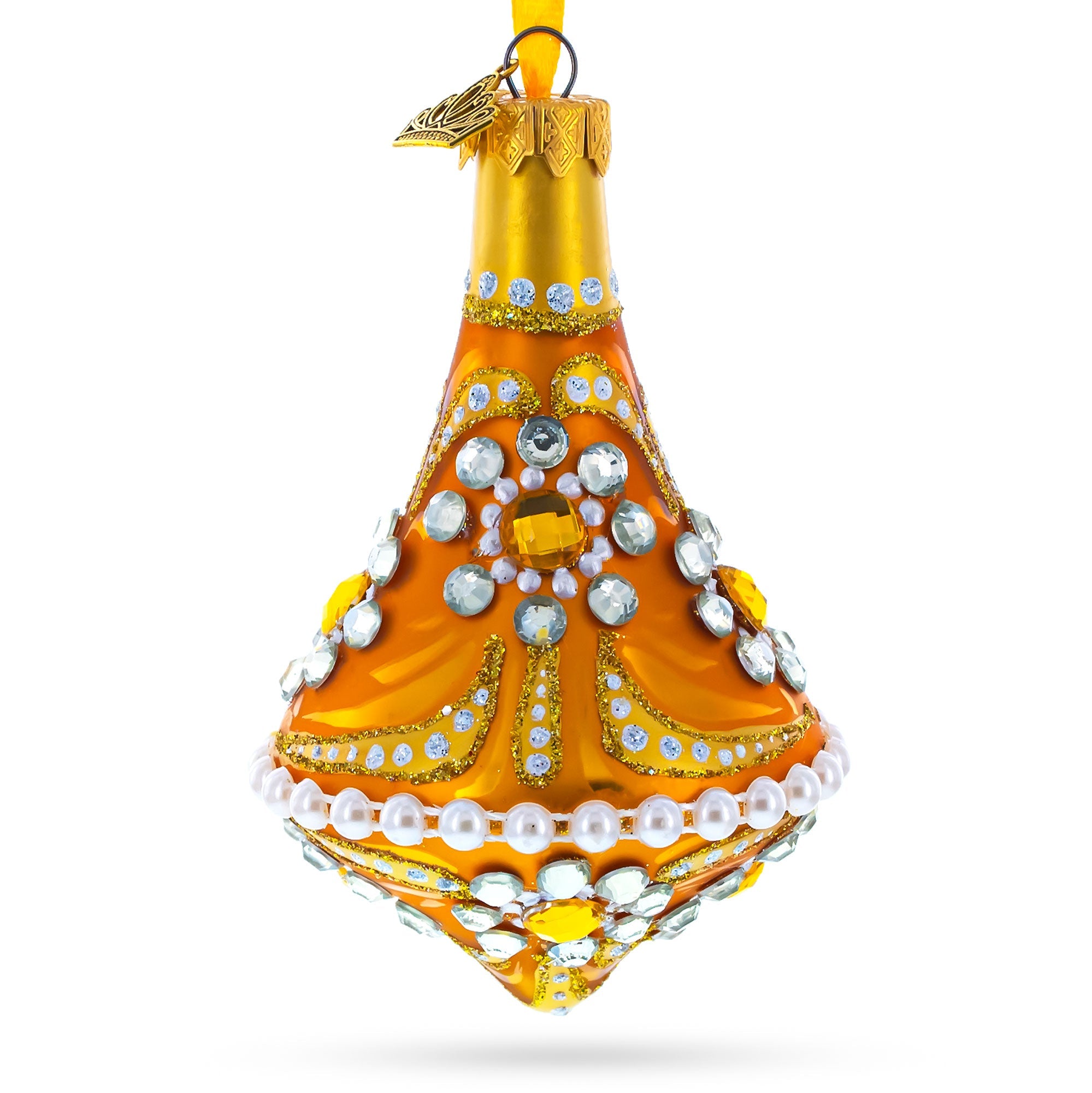 Diamond Jewels On Striped Gold Glass Bell Finial Christmas Ornament