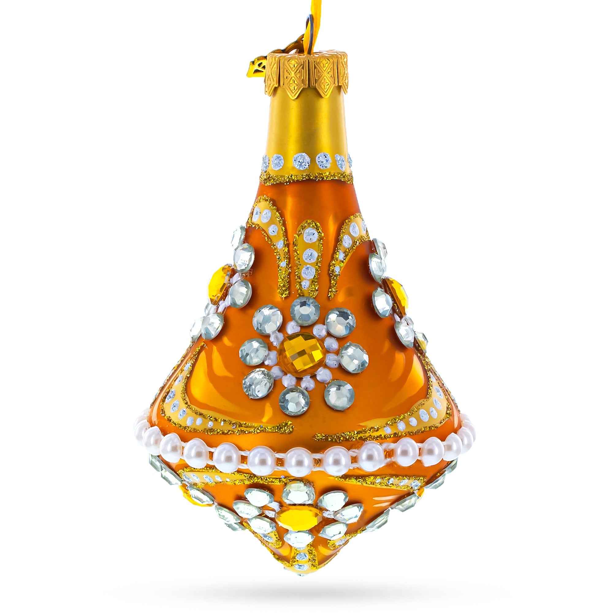 Diamond Jewels On Striped Gold Glass Bell Finial Christmas Ornament