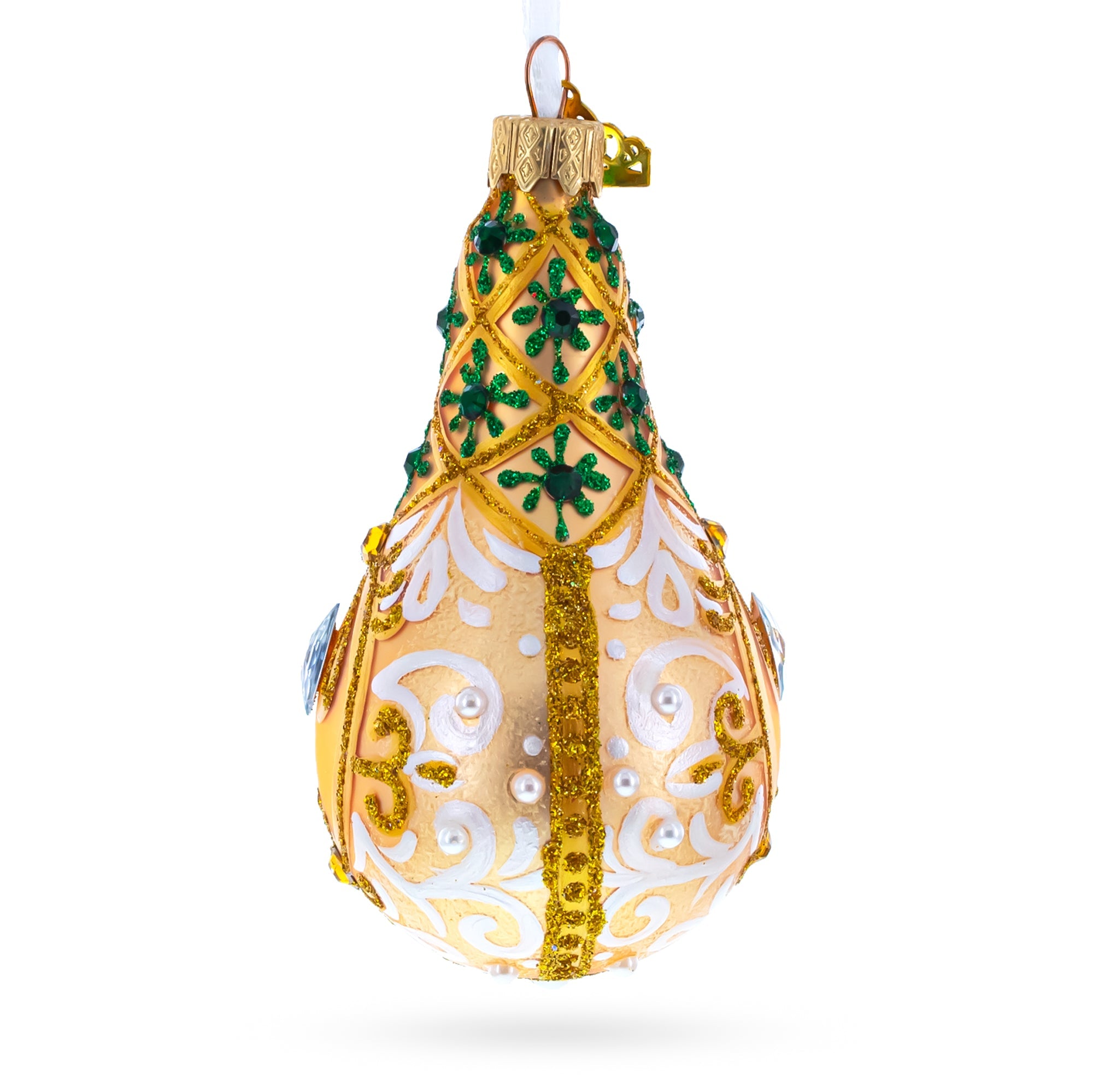 Swirls On Champagne Bejeweled Glass Waterdrop Ornament