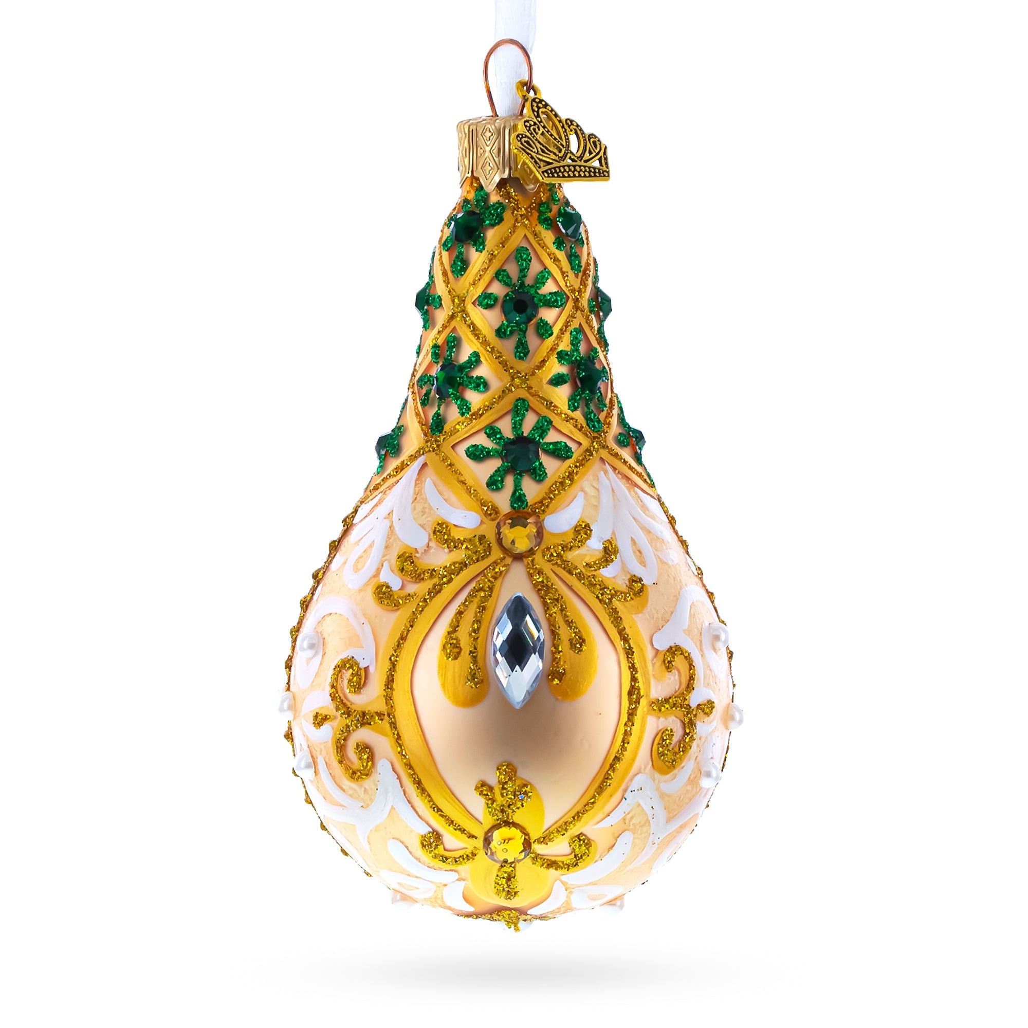 Swirls On Champagne Bejeweled Glass Waterdrop Ornament