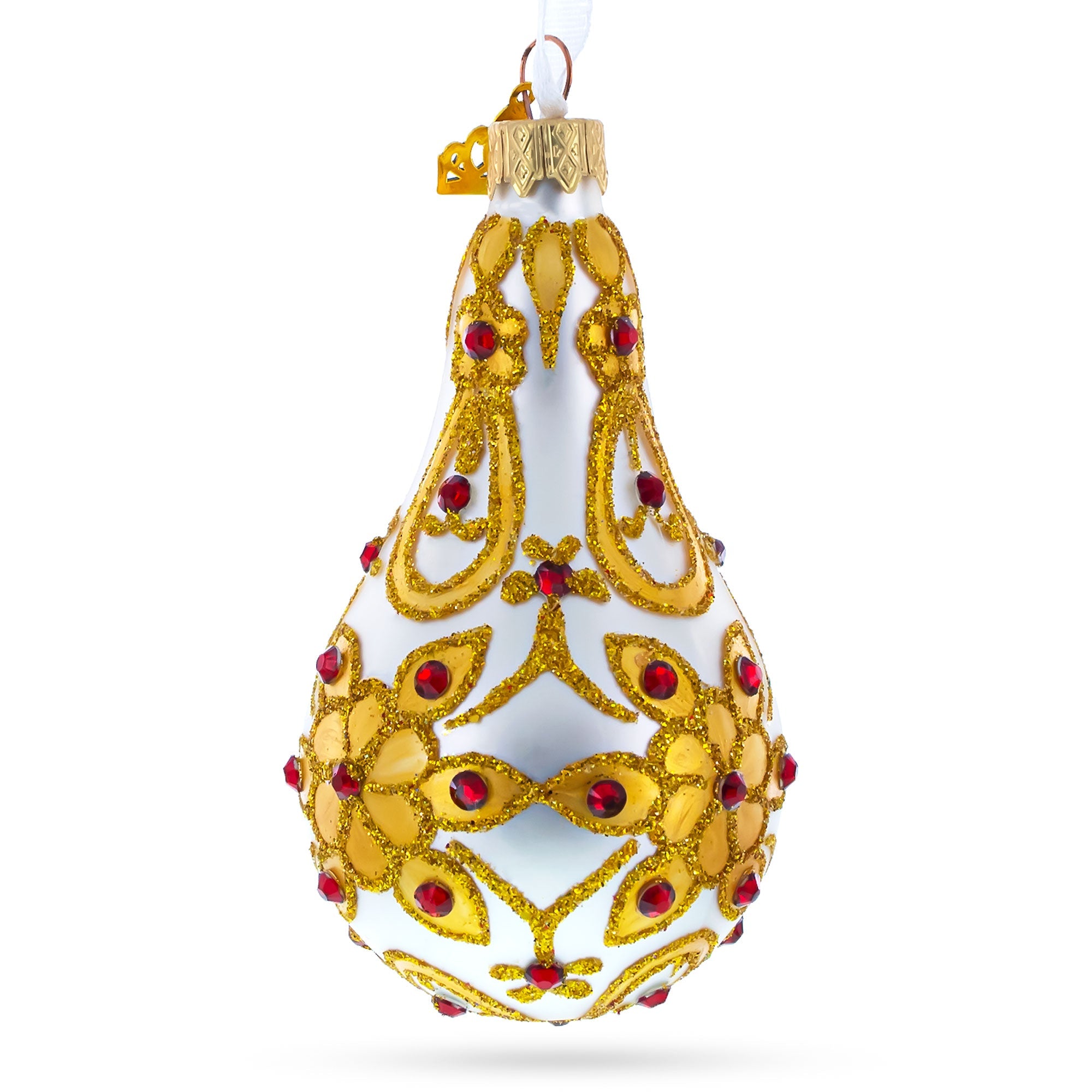 Red Jewels On Golden Leaves Waterdrop Glass Ornament