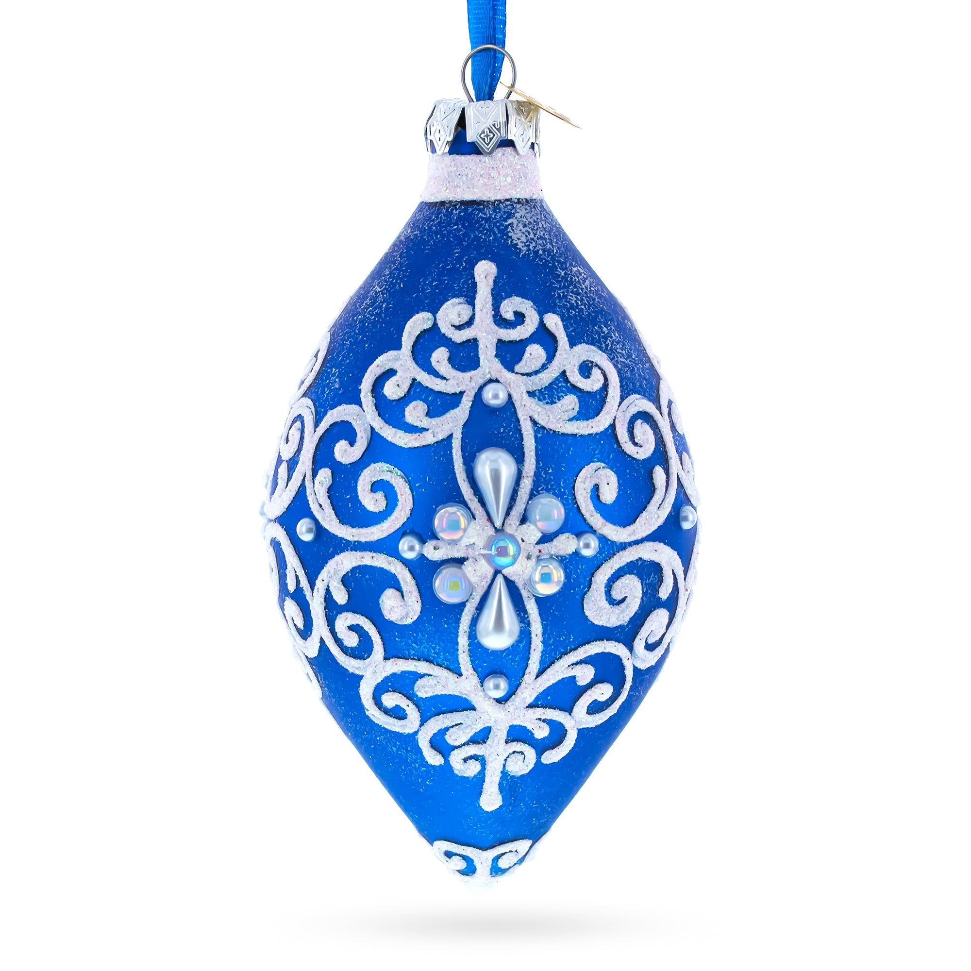 Damask On Blue Glass Rhombus Christmas Ornament