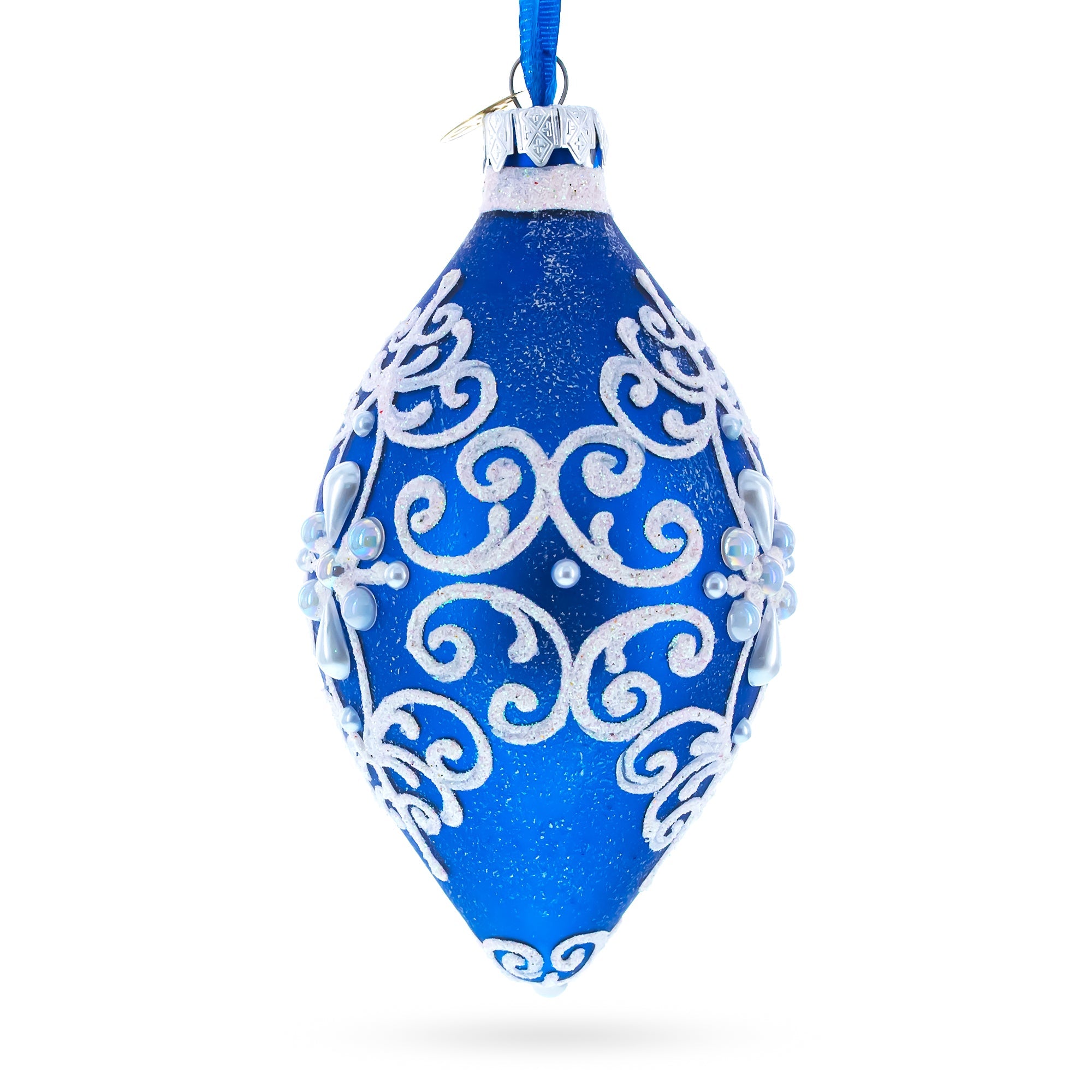 Damask On Blue Glass Rhombus Christmas Ornament