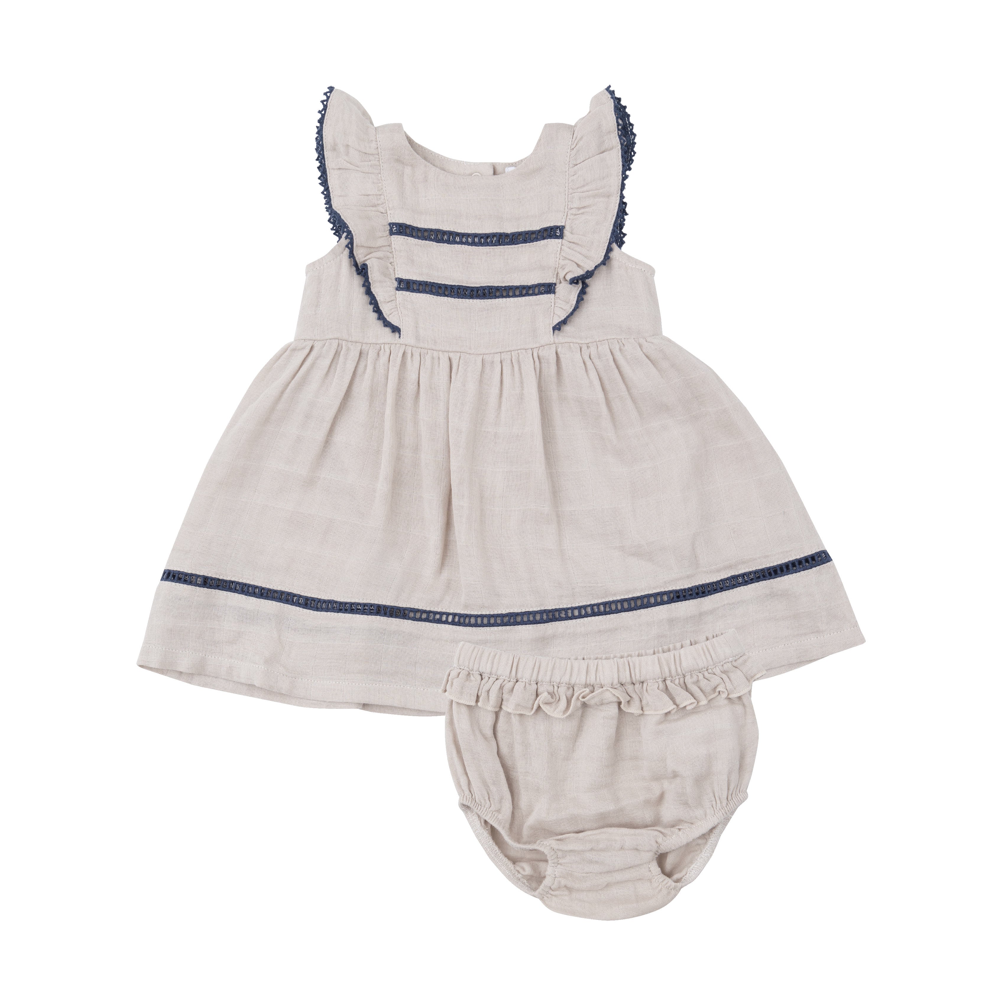 Ruffle Dress With Trim - Oatmeal Solid Muslin