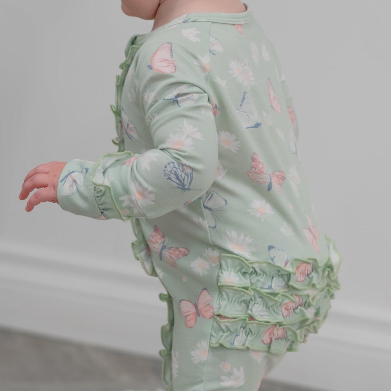 Mint Butterfly Daisy Bamboo Ruffle Baby Footie