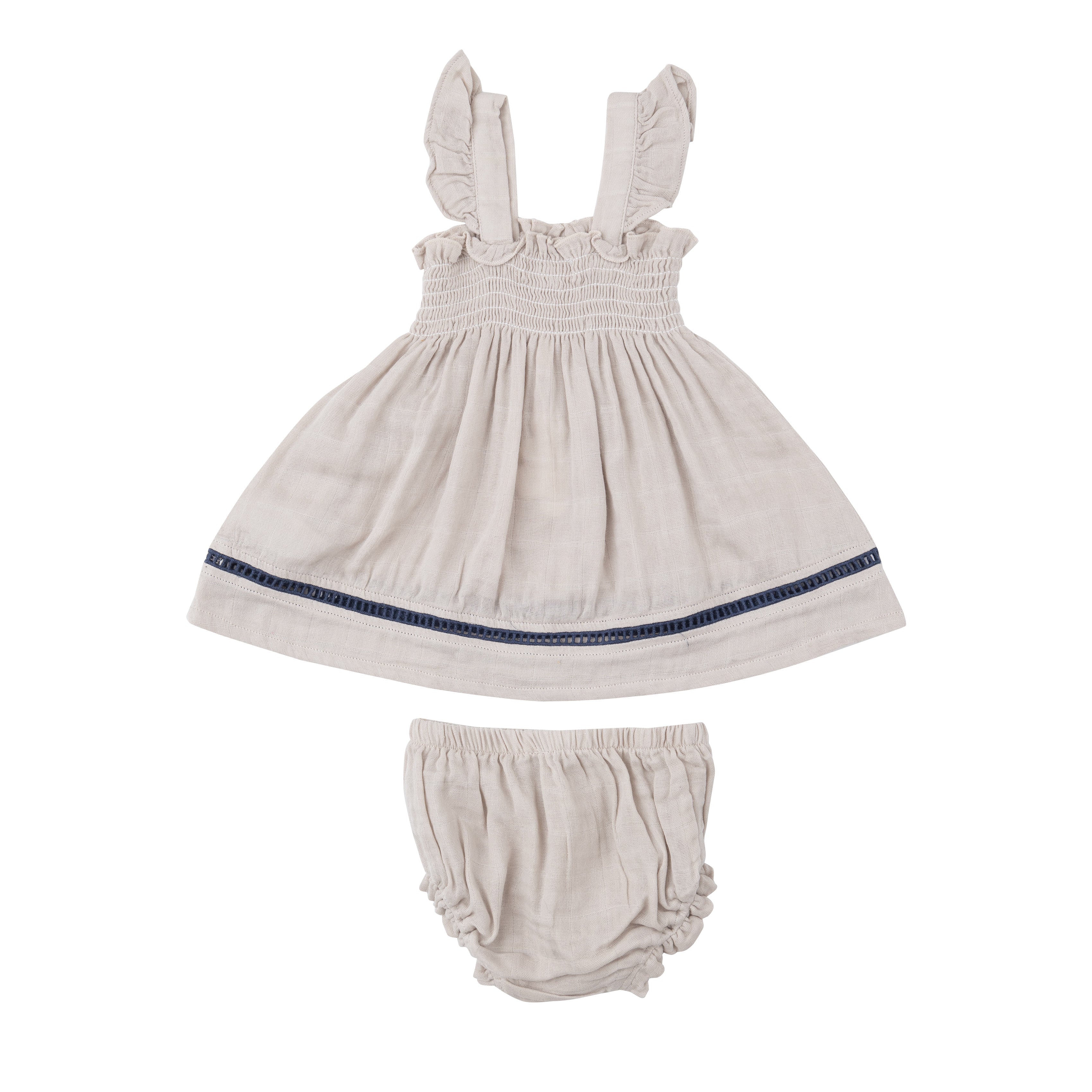 Ruffle Strap Smocked Top And Diaper Cover With Trim - Oatmeal Solid Muslin