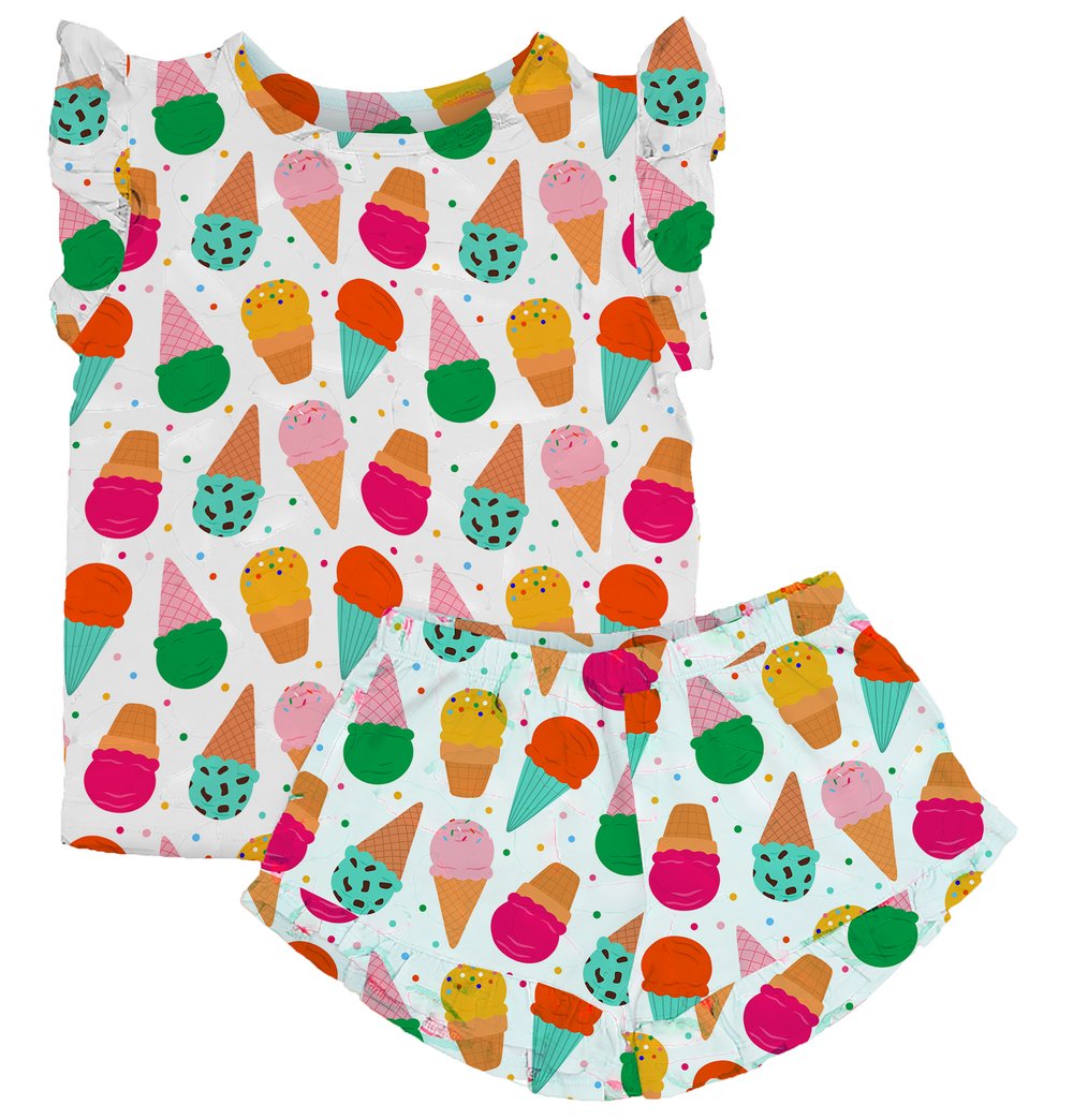 My First Ice Cream Cone Frilly Short Bamboo Pajamas For Girls | Soft & Breathable