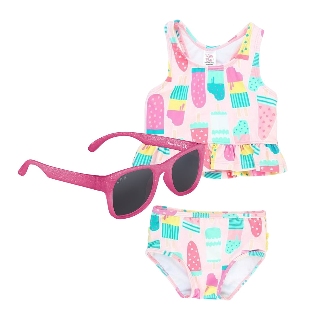 Rufflebutts Girls Ice Cream Tankini With Roshambo Pink Glitter Sunglasses