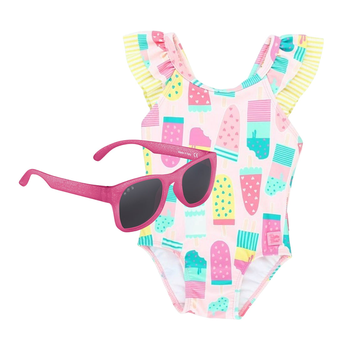 Rufflebutts Baby Ice Cream One Piece With Roshambo Pink Glitter Sunglasses