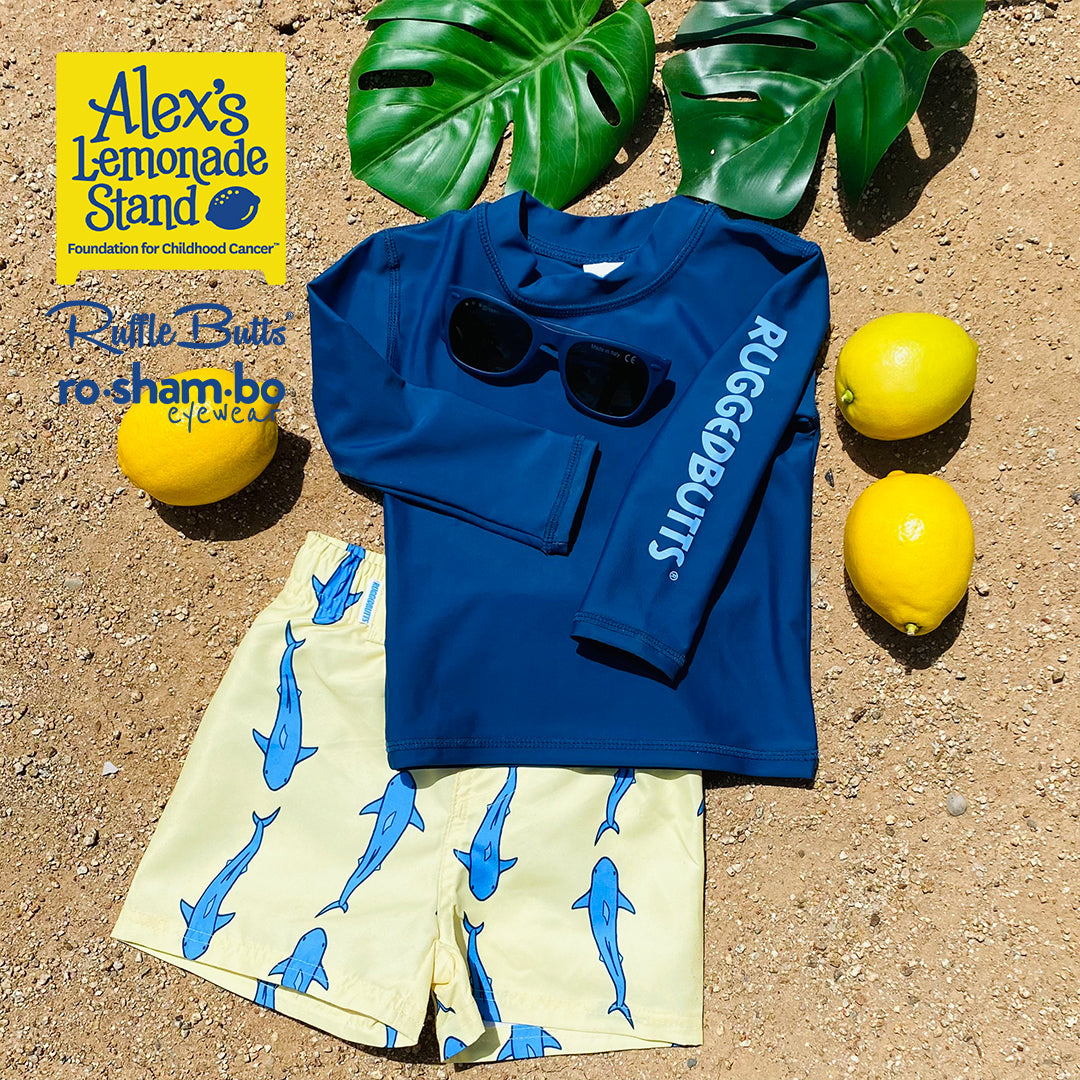 Ruggedbutts Baby Jawsome Swim Trunks & Rash Guard With Roshambo Navy Sunglasses