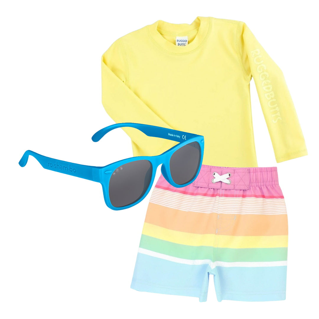 Ruggedbutts Boys Rainbow Stripe Swim Trunks & Rash Guard With Roshambo Blue Sunglasses