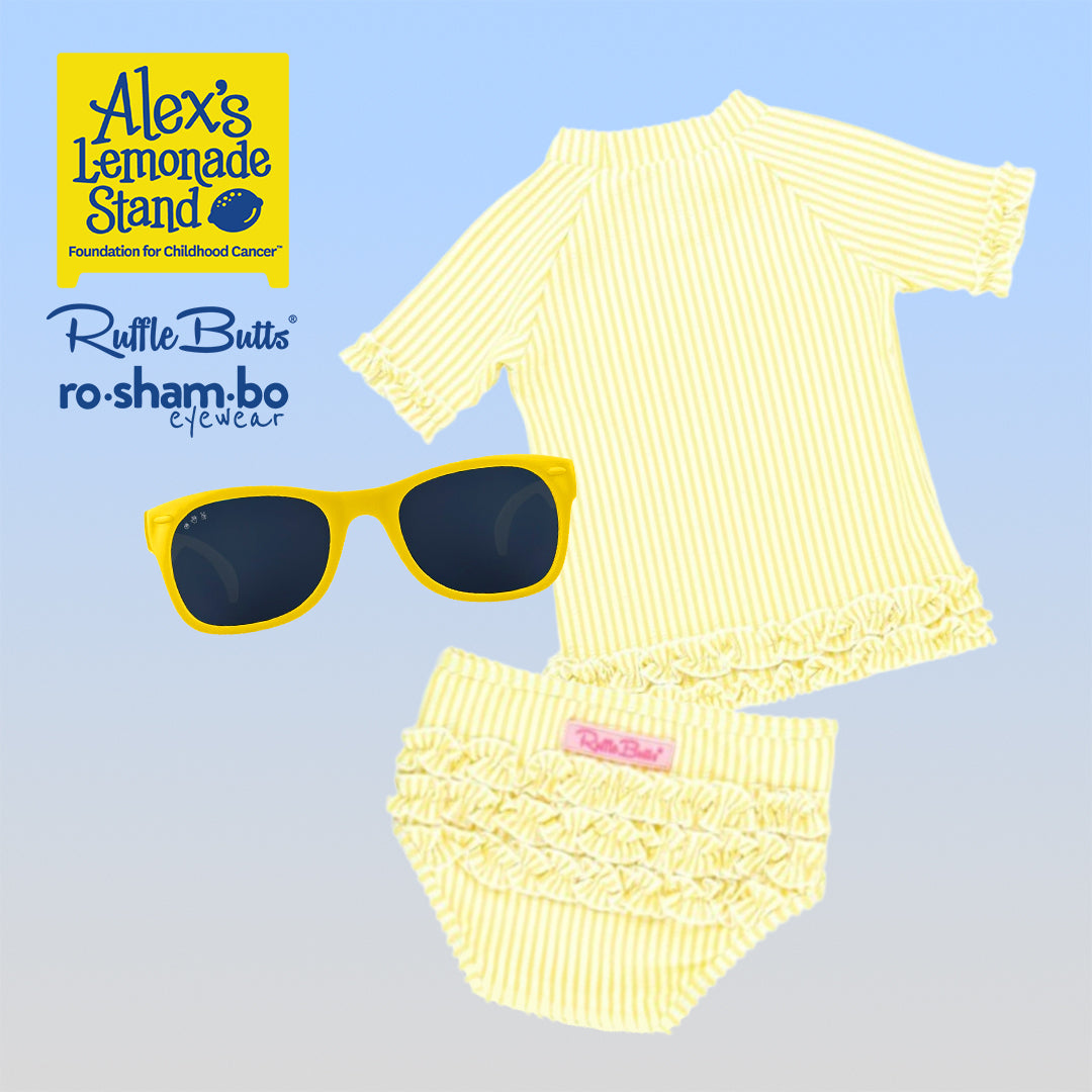 Rufflebutts Baby Seersucker Rash Guard Bikini With Roshambo Yellow Sunglasses
