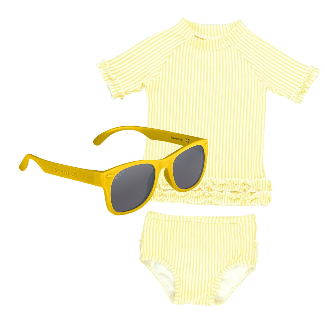 Rufflebutts Baby Seersucker Rash Guard Bikini With Roshambo Yellow Sunglasses