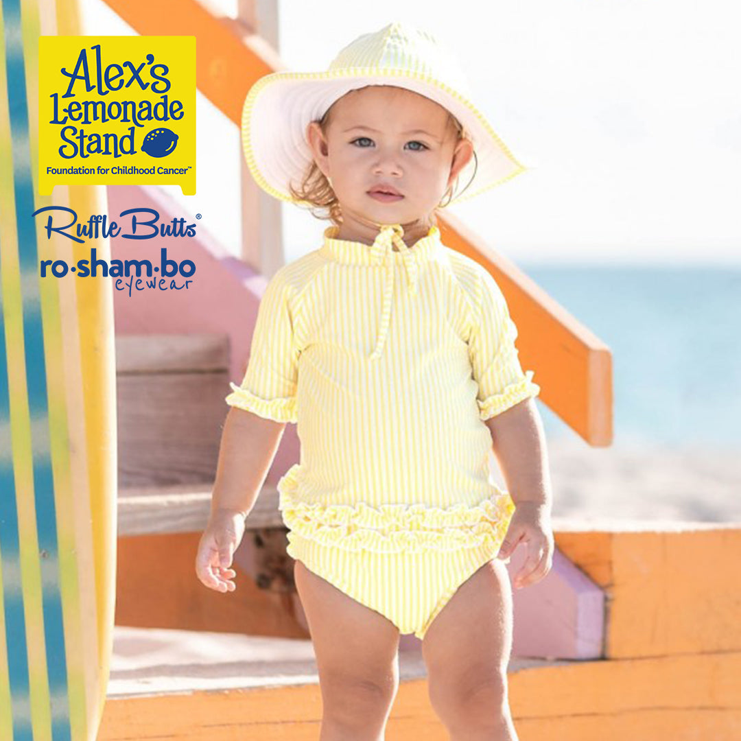 Rufflebutts Baby Seersucker Rash Guard Bikini With Roshambo Yellow Sunglasses