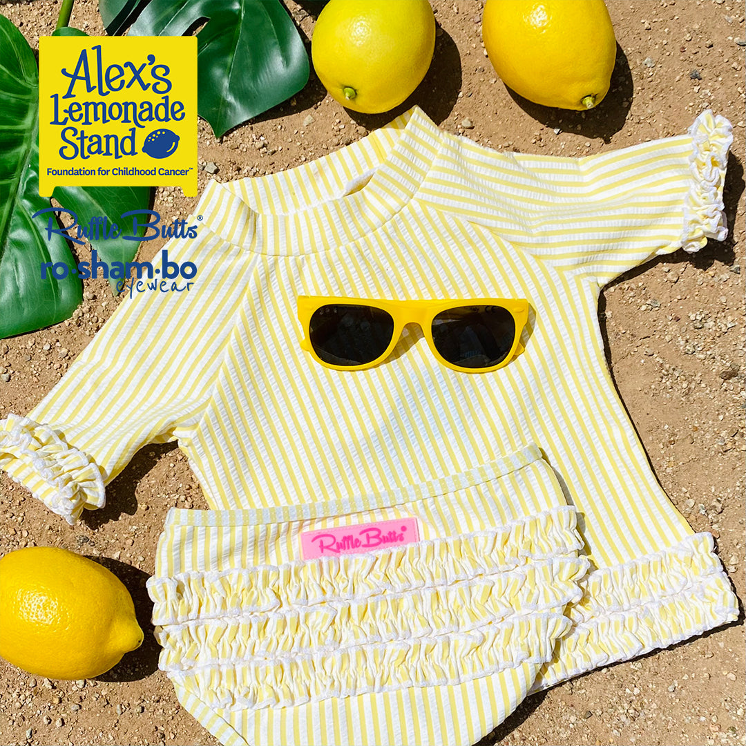 Rufflebutts Baby Seersucker Rash Guard Bikini With Roshambo Yellow Sunglasses