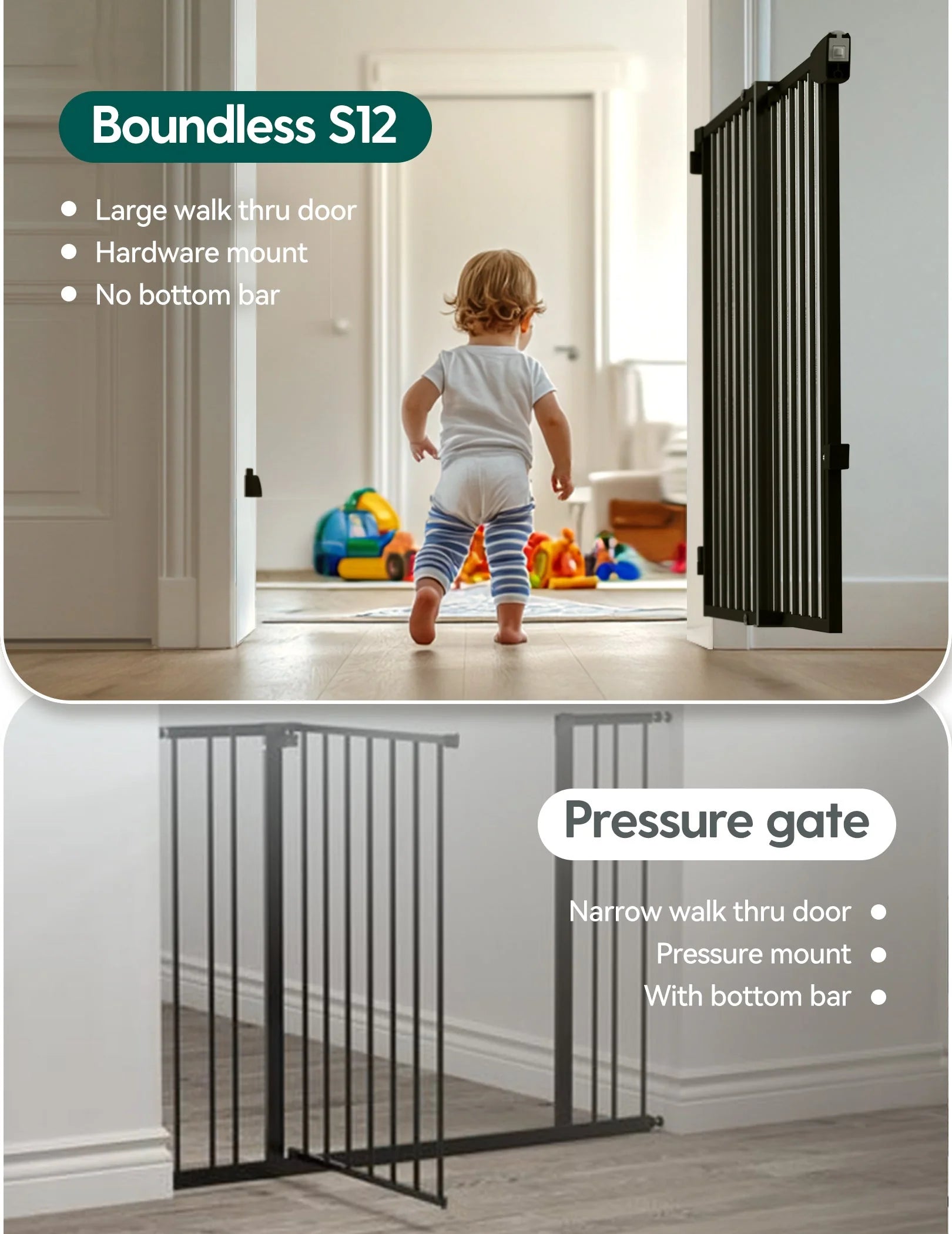 Boundless S12 | Ultra-stable No Bottom Bar Baby Gate For Stairs