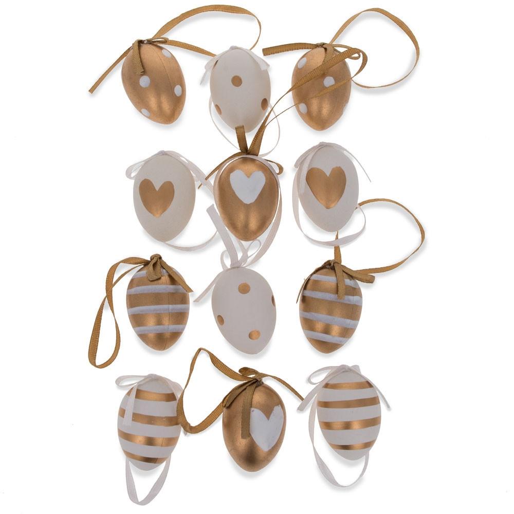 Set Of 12 Miniature Gold And White Plastic Easter Egg Ornaments 1.6 Inches