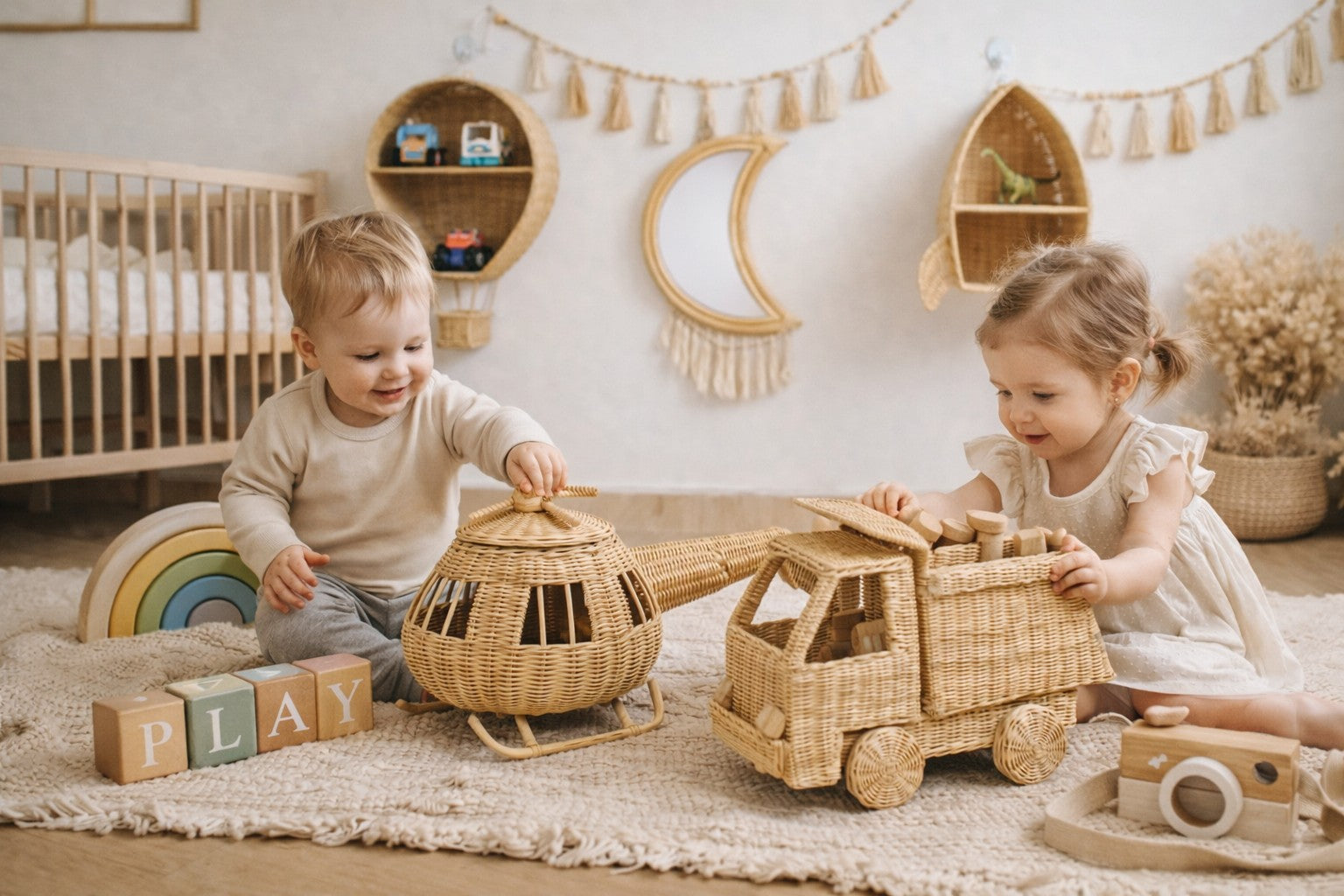 Rattan Toy Helicopter – Handcrafted Boho Pretend Play Toy For Kids | Montessori Airplane Nursery Decor