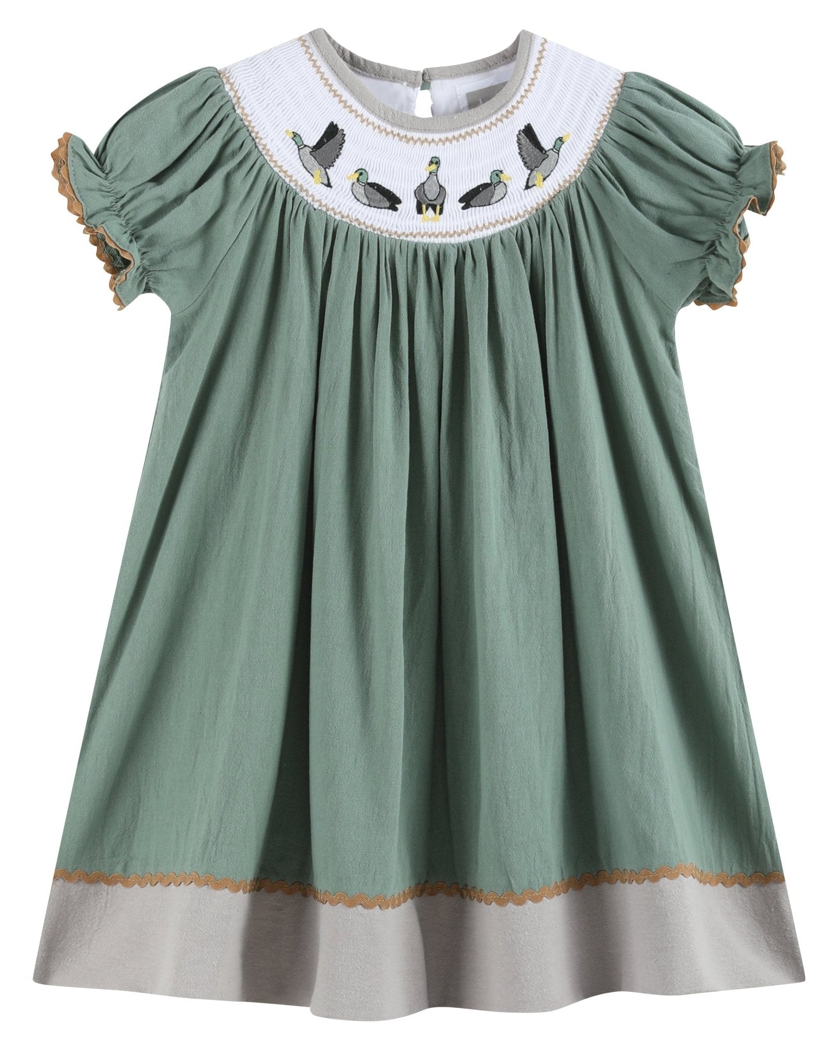 Sage Green Mallard Smocked Bishop Dress