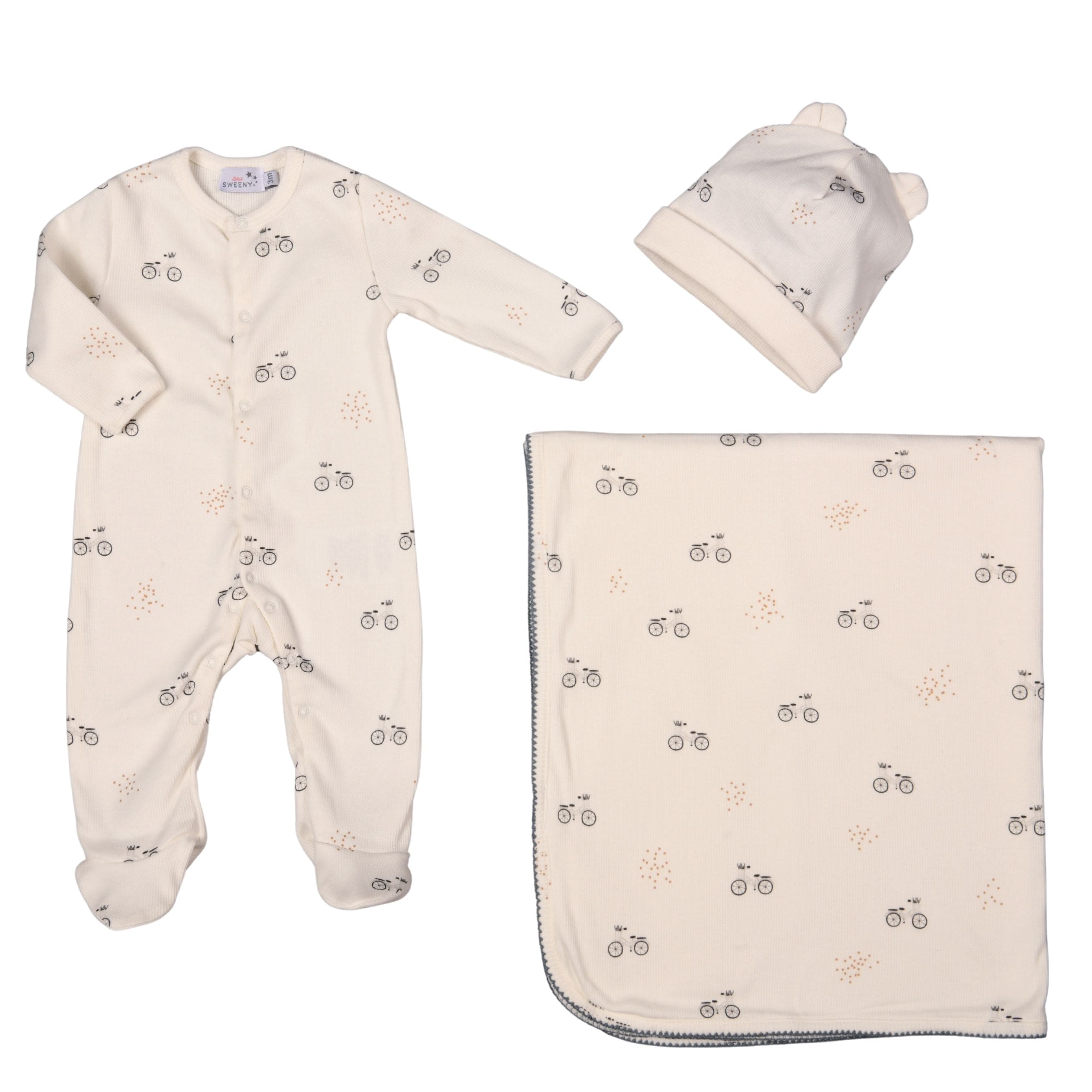 Sam | Boys Ivory Cotton Vintage Bike Babysuit Set