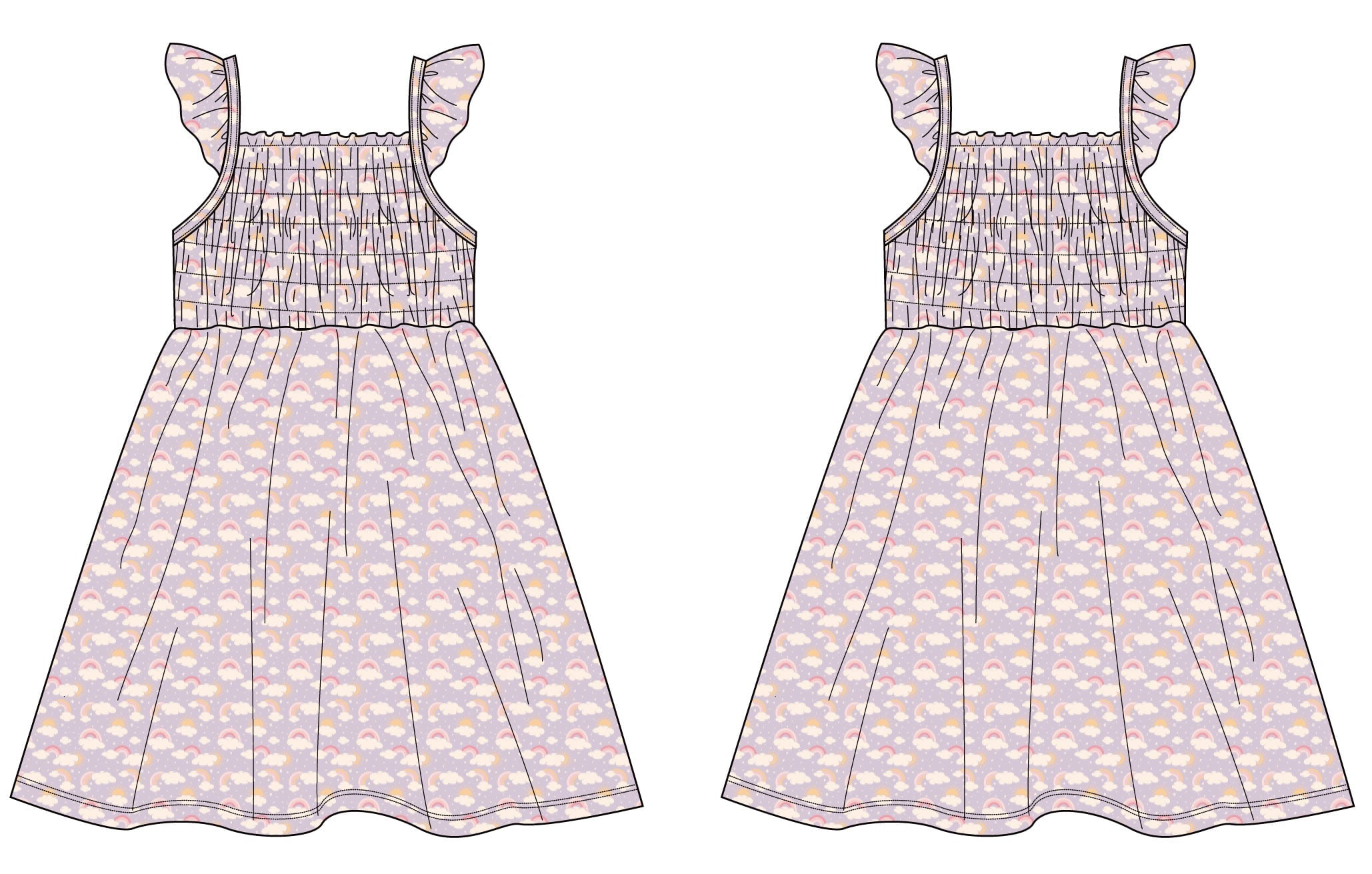 Lavender Rainbows And Clouds Smocked Vintage Dress